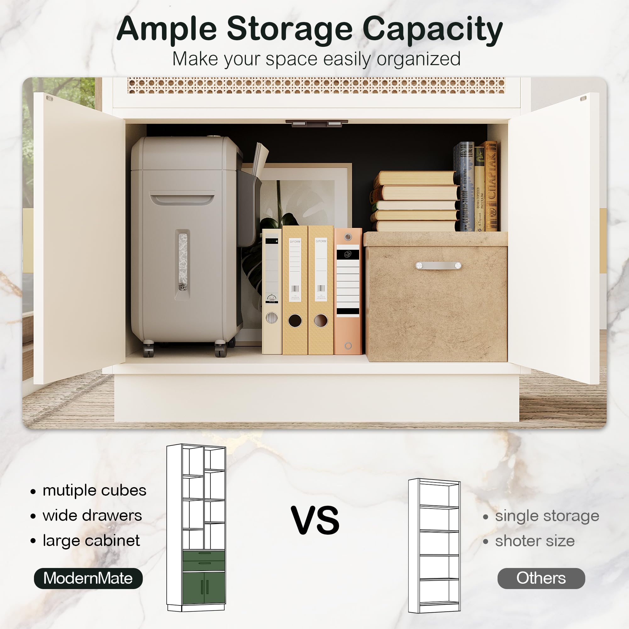 ModernMate Wood Bookcase with 2 Drawers and Doors, 8 Storage Cubes, Tall Bookshelf, Modern Bookcases, Wooden Bookshelves for Home and Office, Living Room, Study, White Rattan