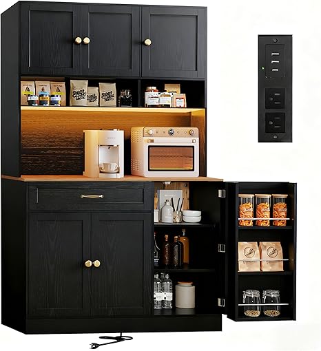 72" Tall Kitchen Pantry Cabinet with LED Light & Charging Station