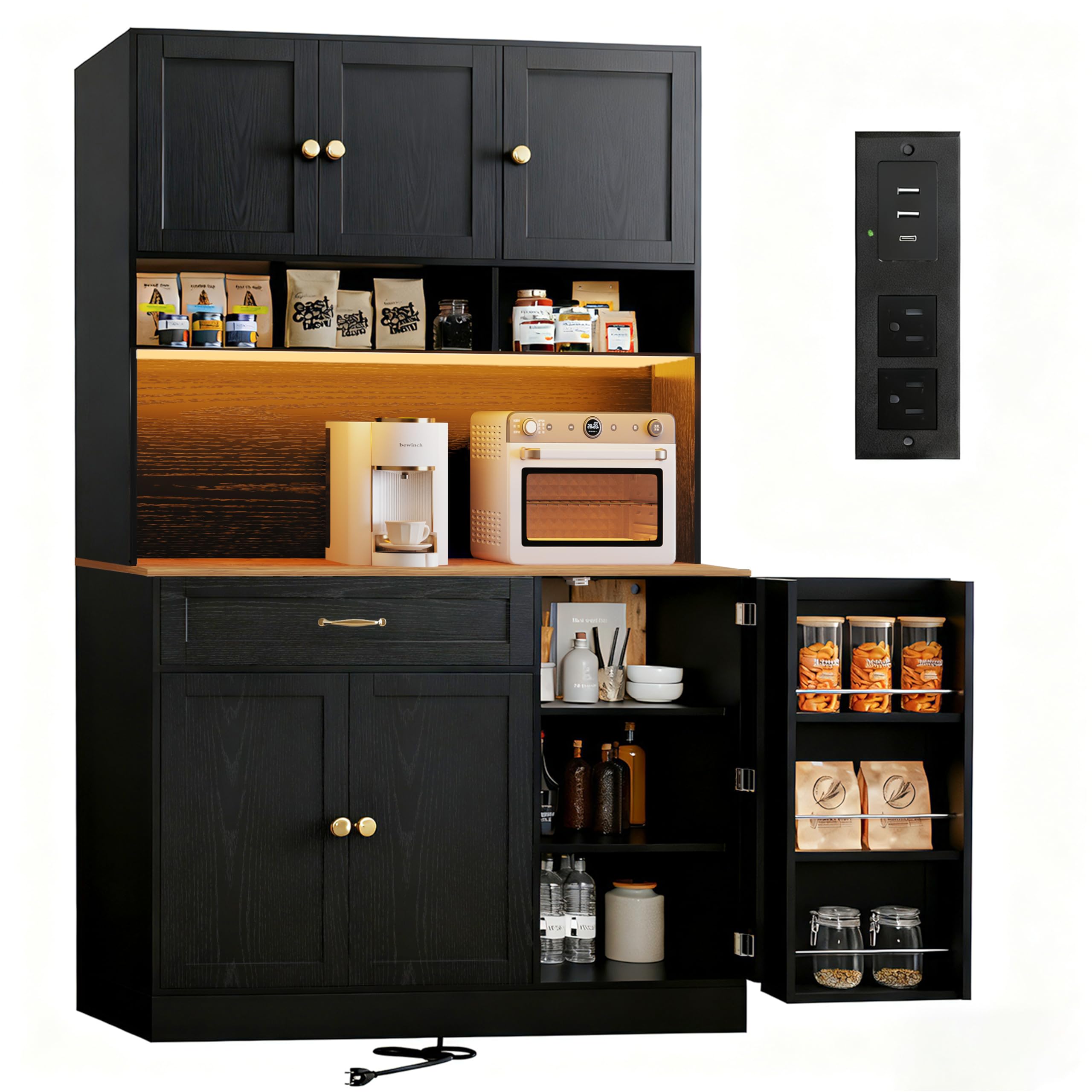 FJTJBSI 72" Kitchen Pantry Cabinet with LED Light and Charging Station Tall Pantry Storage Cabinet with Adjustable Shelves and Door Shelves Modern Kitchen Hutch with Countertop Black