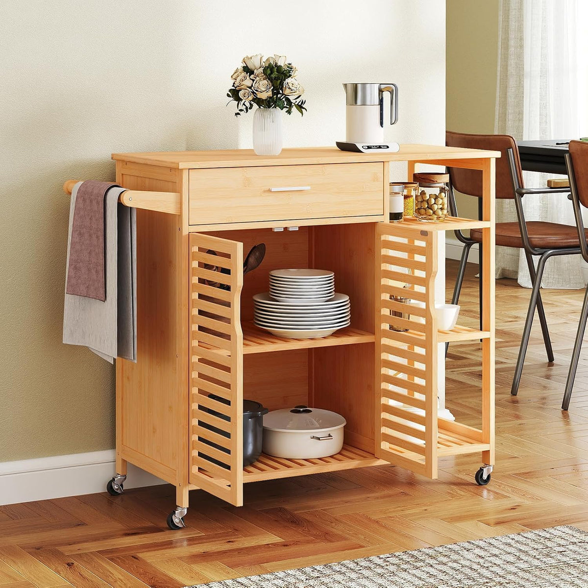 GLACER Bamboo Kitchen Island Cart with Storage, Rolling Kitchen Cart