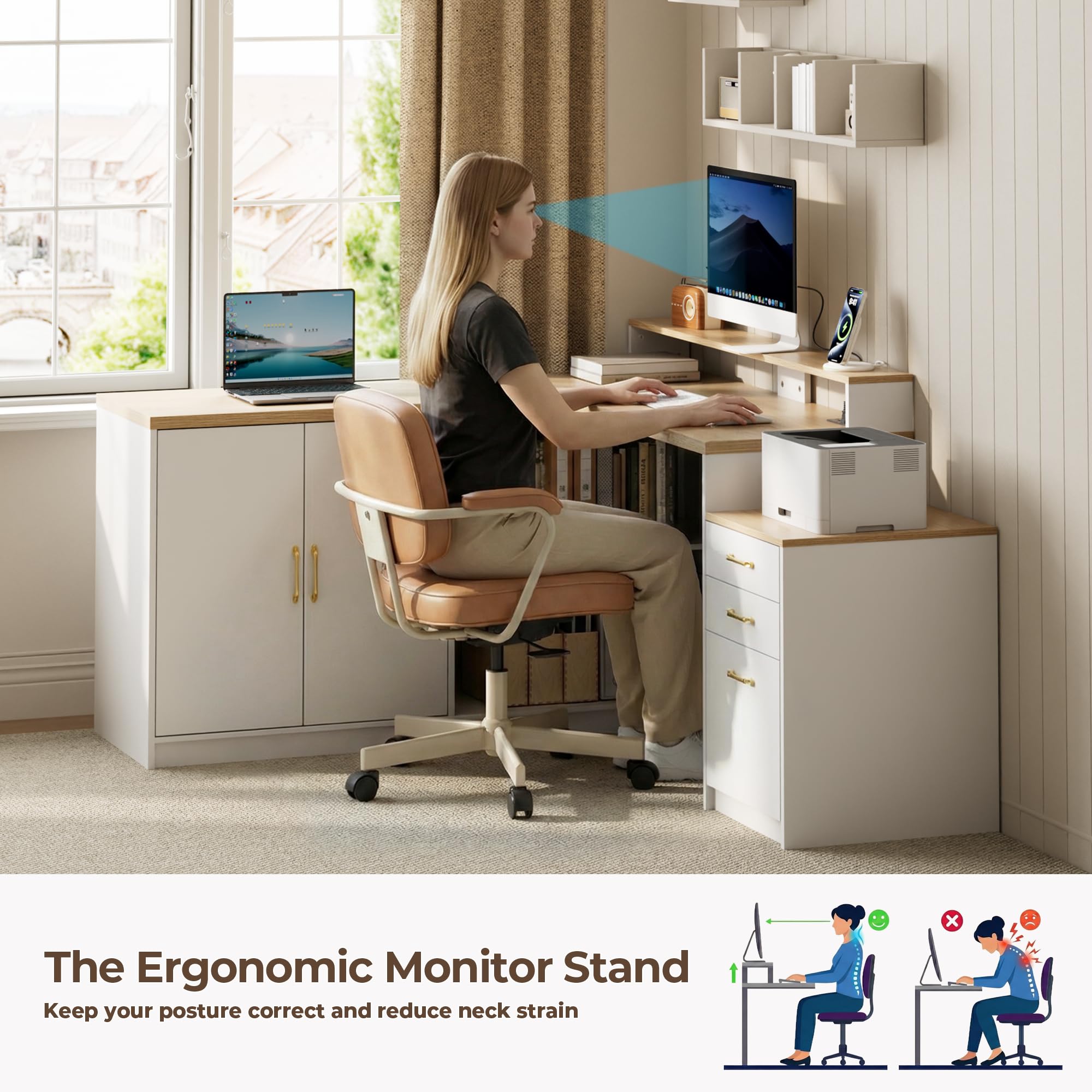L-Shaped Desk with Storage Cabinet & Monitor Stand