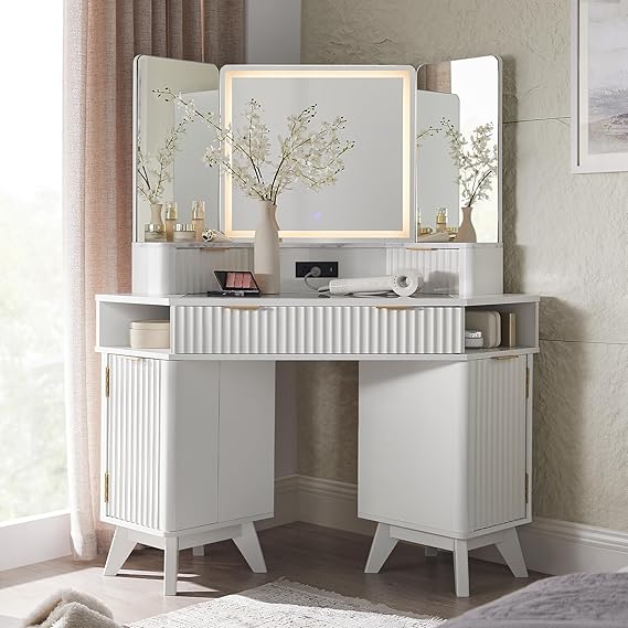 48" Corner Vanity Desk with 3-Way Mirror, Lights & Charging Station
