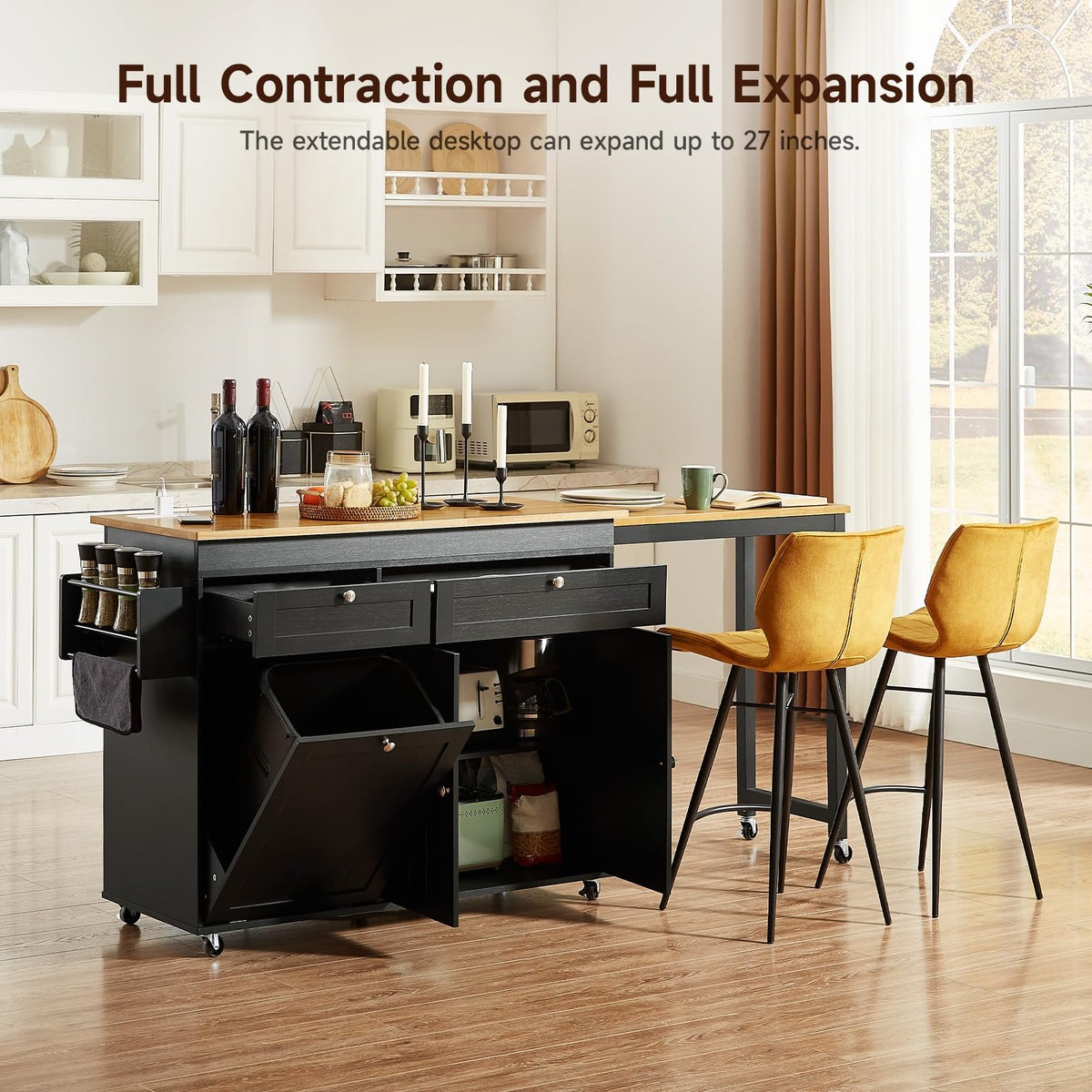 Kitchen Islands with Extendable Dining Table, Mobile Storage Islands, Black