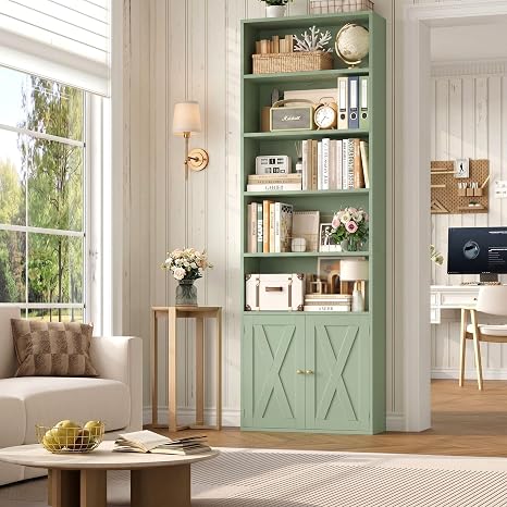 7-Tier Bookcase with Doors & Adjustable Shelves