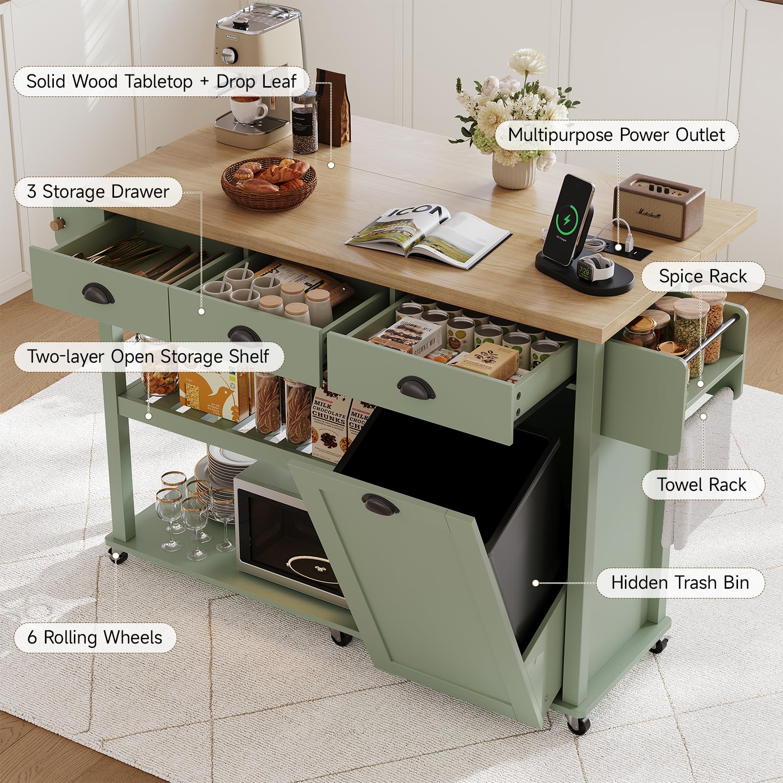 Rolling Kitchen Cart with Drop Leaf & Trash Cabinet