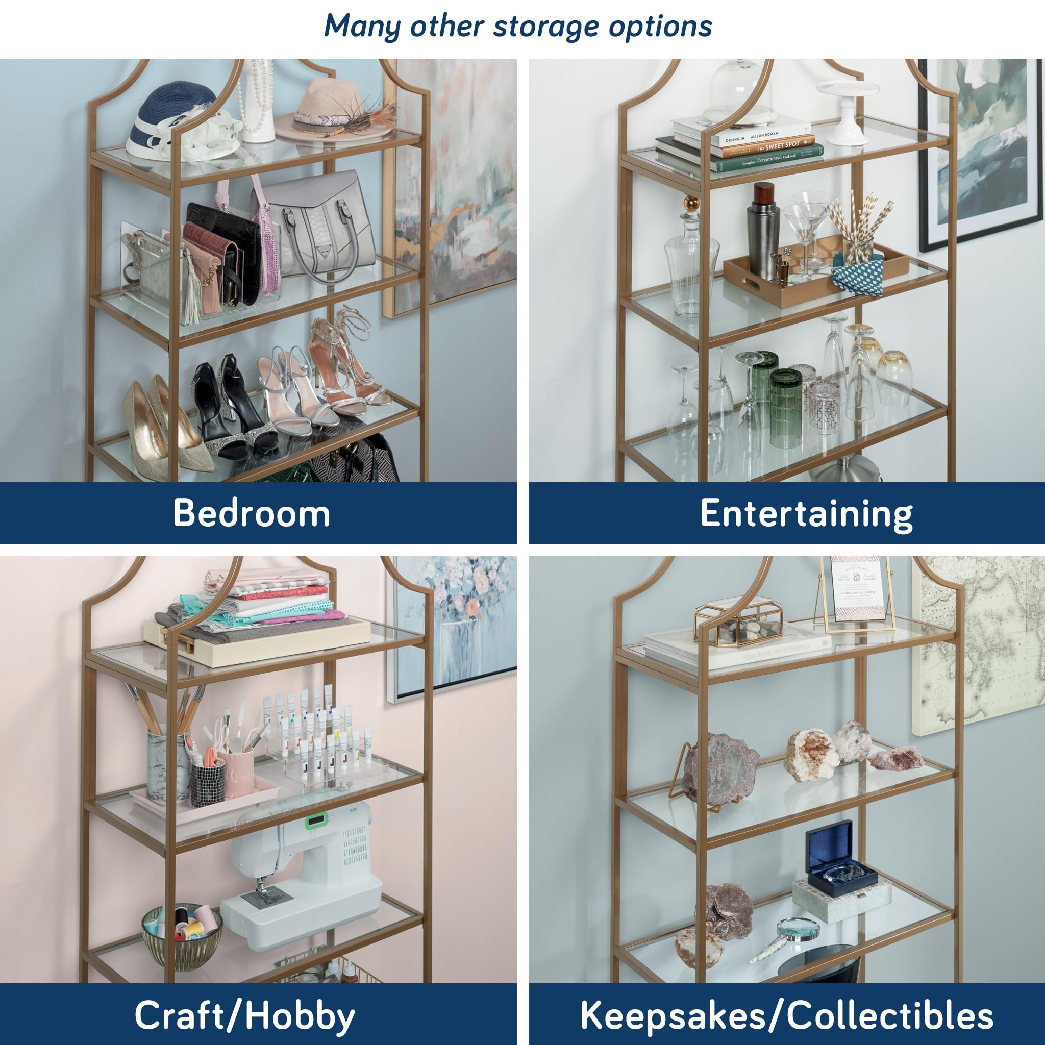 5-Shelf Glass Bookcase – Gold Satin Metal Frame