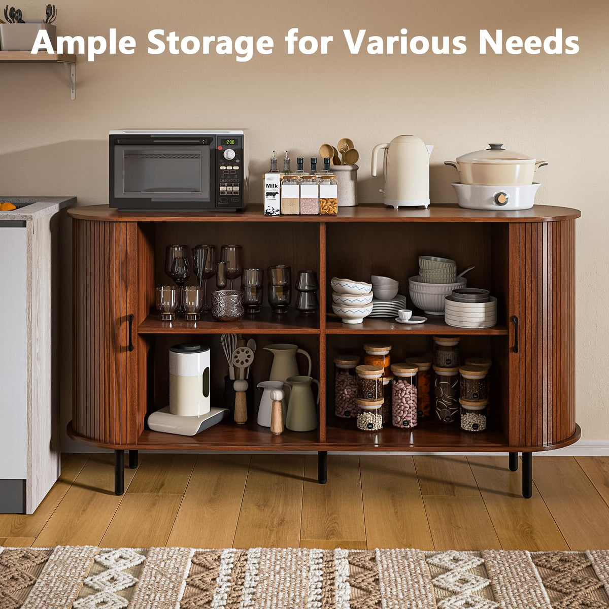 PUKAMI 55" Wood Buffet Sideboard Cabinet with Storage for Entryway, Walnut
