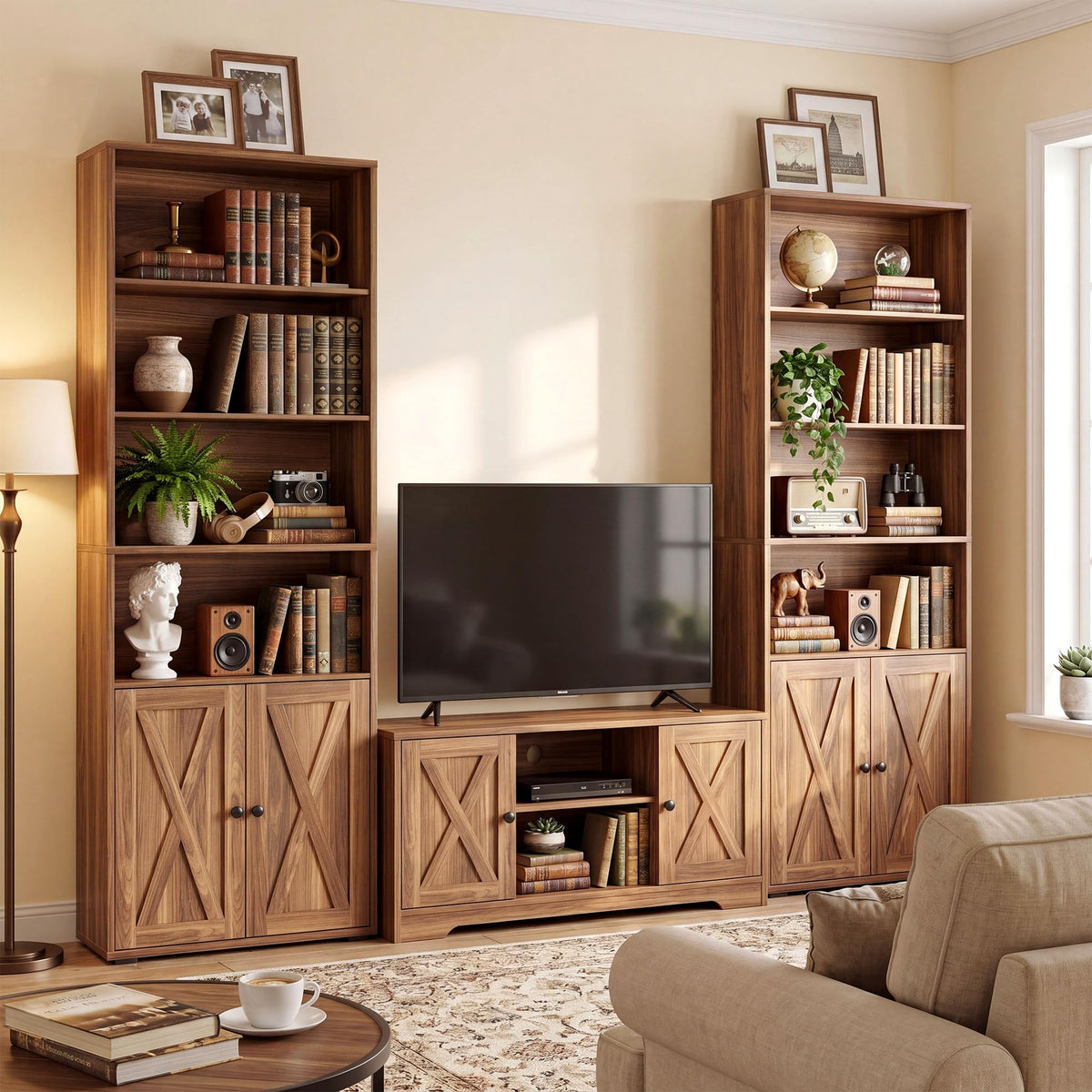 IRONCK Tall Bookshelf 70 in, Bookcases with Doors, Set of 2, Oak Brown