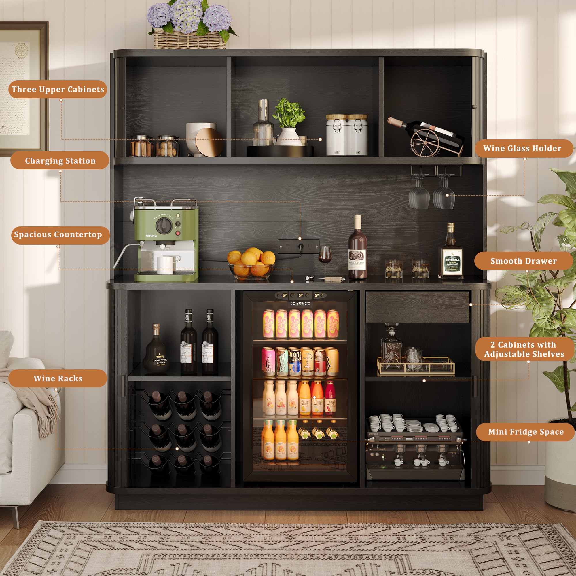 Godchoices 70.8" Kitchen Pantry with Fridge Space, Fluted Coffee Bar Cabinet with Mini Fridge Space, Power Outlet & Drawer, Tall Wine Bar Cabinet with Glass Holder,Wine Rack & Storage Hutch for Home