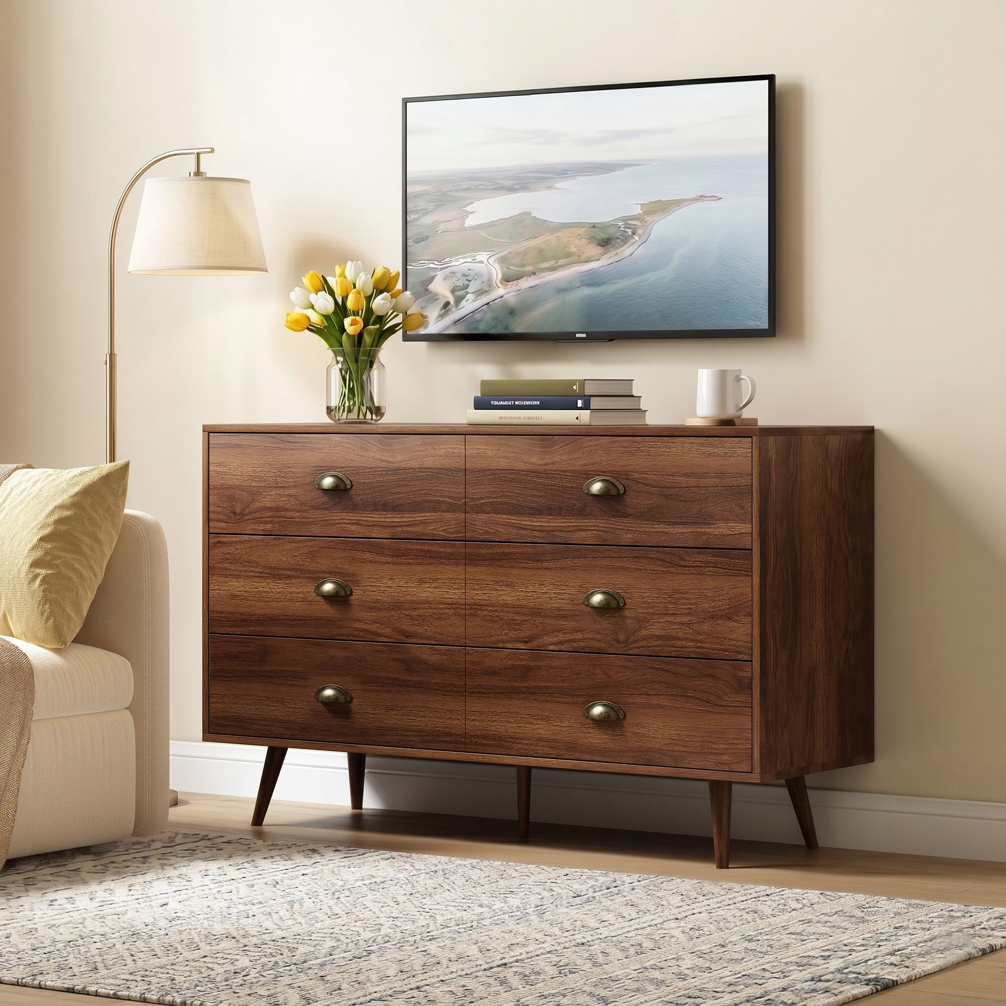 CARPETNAL Walnut Dresser for Bedroom, 6 Drawer Dresser with Wide Drawers and Gold Metal Handles, 47” Wood Dressers & Chests of Drawers for Hallway, Entryway.