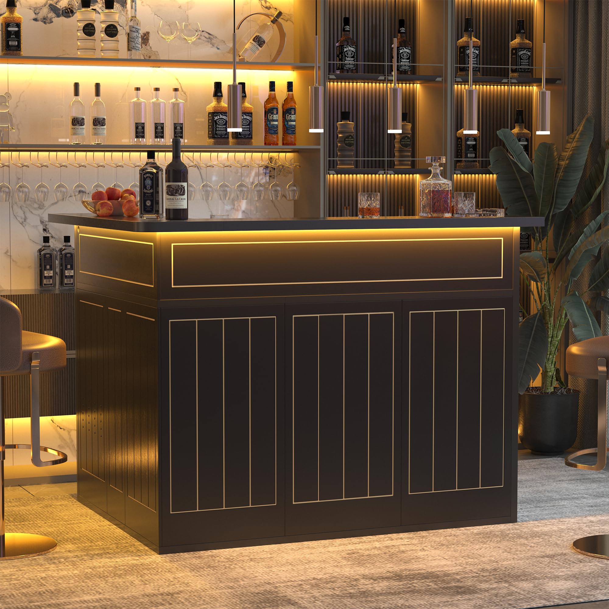 L-Shaped Home Bar Cabinet with Fridge Space, 4-Tier Corner Bar Cabinet with Glass Holder, Liquor Cabinet for Home with Led Lights, Power Outlets, Wine Cabinet for Living Room, Dining Room, Basement