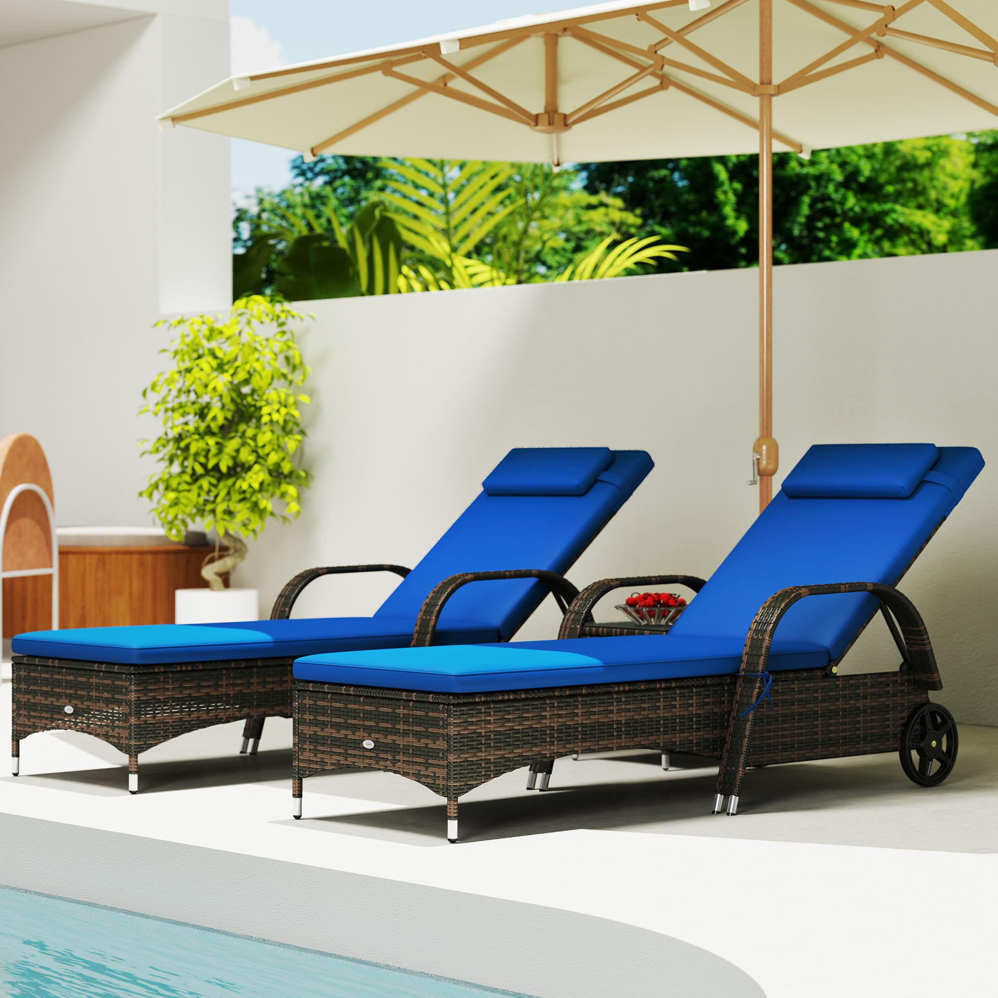 PE Rattan Chaise Lounge Chair Set of 3 with Side Table
