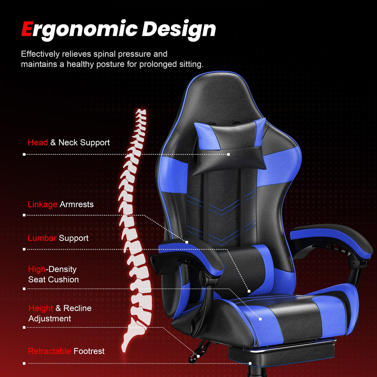 Gaming Chair with Footrest, Ergonomic Video Game Chair for Adults, Blue