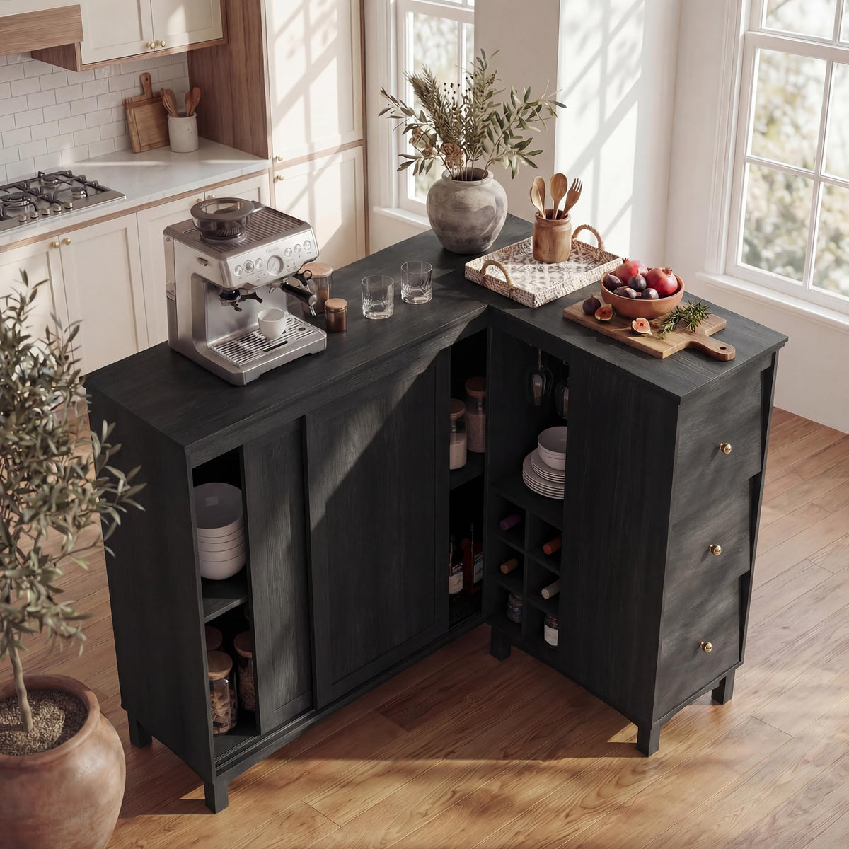 L-Shaped Bar Cabinet with Charging Station