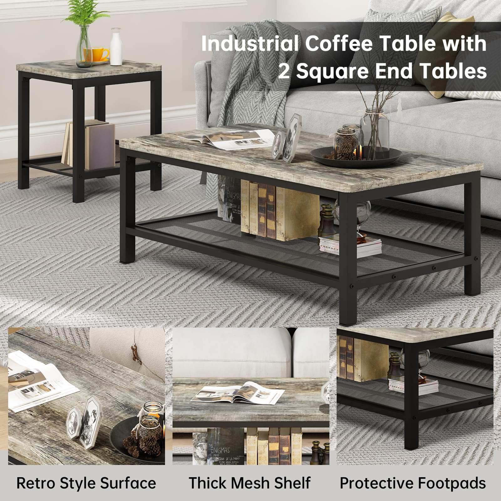 3-Piece Coffee Table Set with Metal Frame