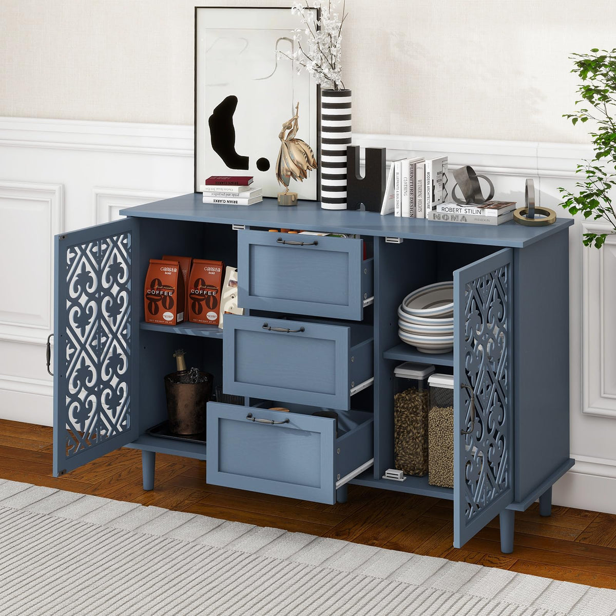 YHAOWORKS Sideboard Buffet Cabinet with Storage - Accent Storage Cabinet American Furniture, Modern 2 Door 3 Drawer Cabinet, Farmhouse Wood Credenza for Kitchen, Dining Room, Entryway (Blue)