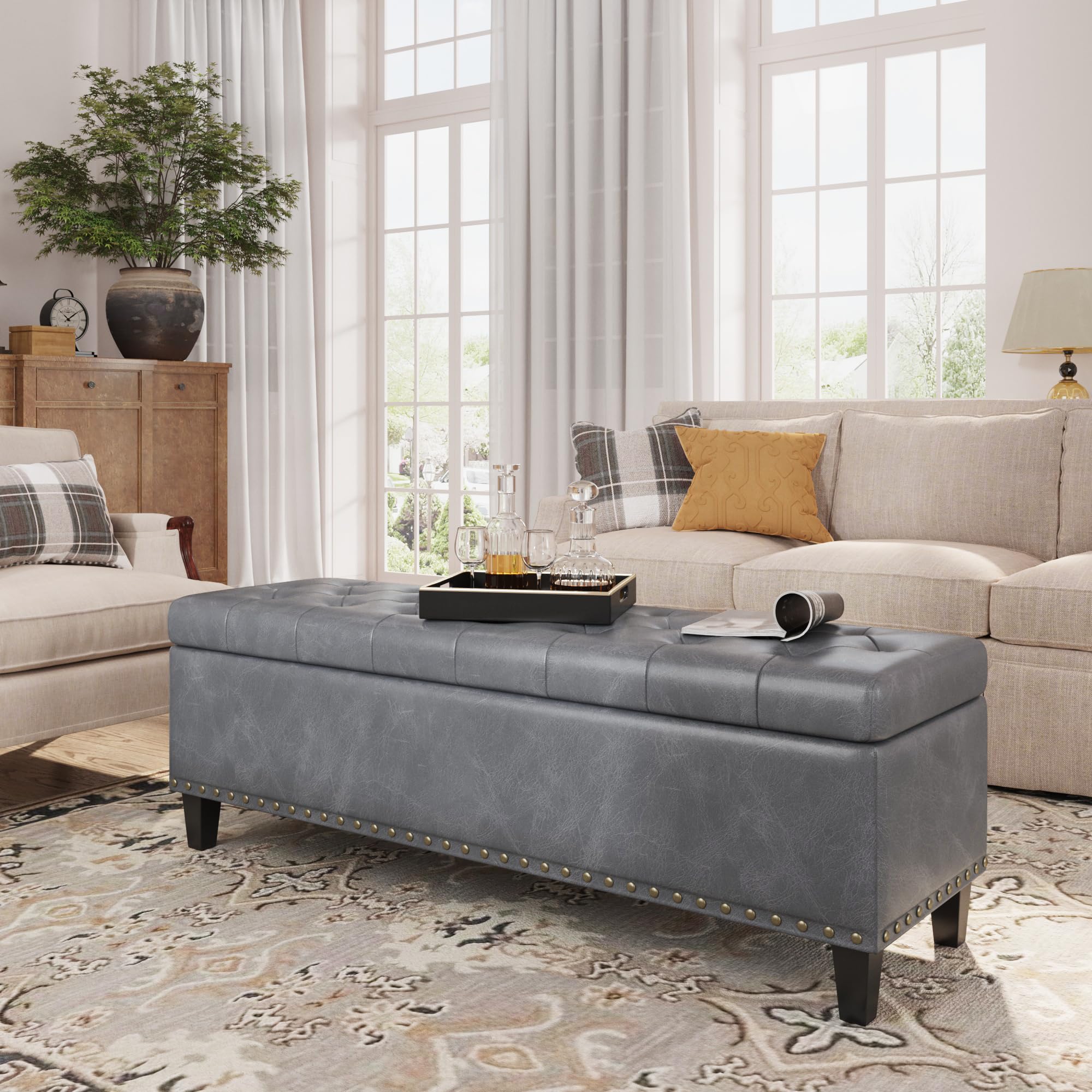 FiveWillowise Large Storage Bench, 51-Inch Ottoman for Bedroom End of Bed, 30 Gallons Faux Leather Bench for Bedroom, Living Room, Entryway, Hallway, Grey