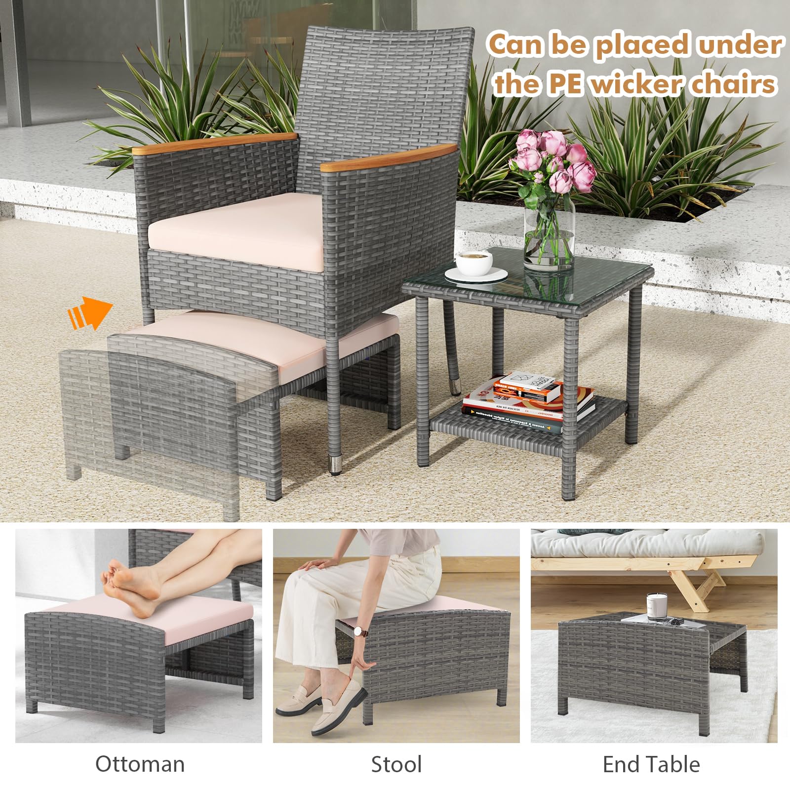 5-Piece Wicker Patio Conversation Set with Ottomans & Coffee Table