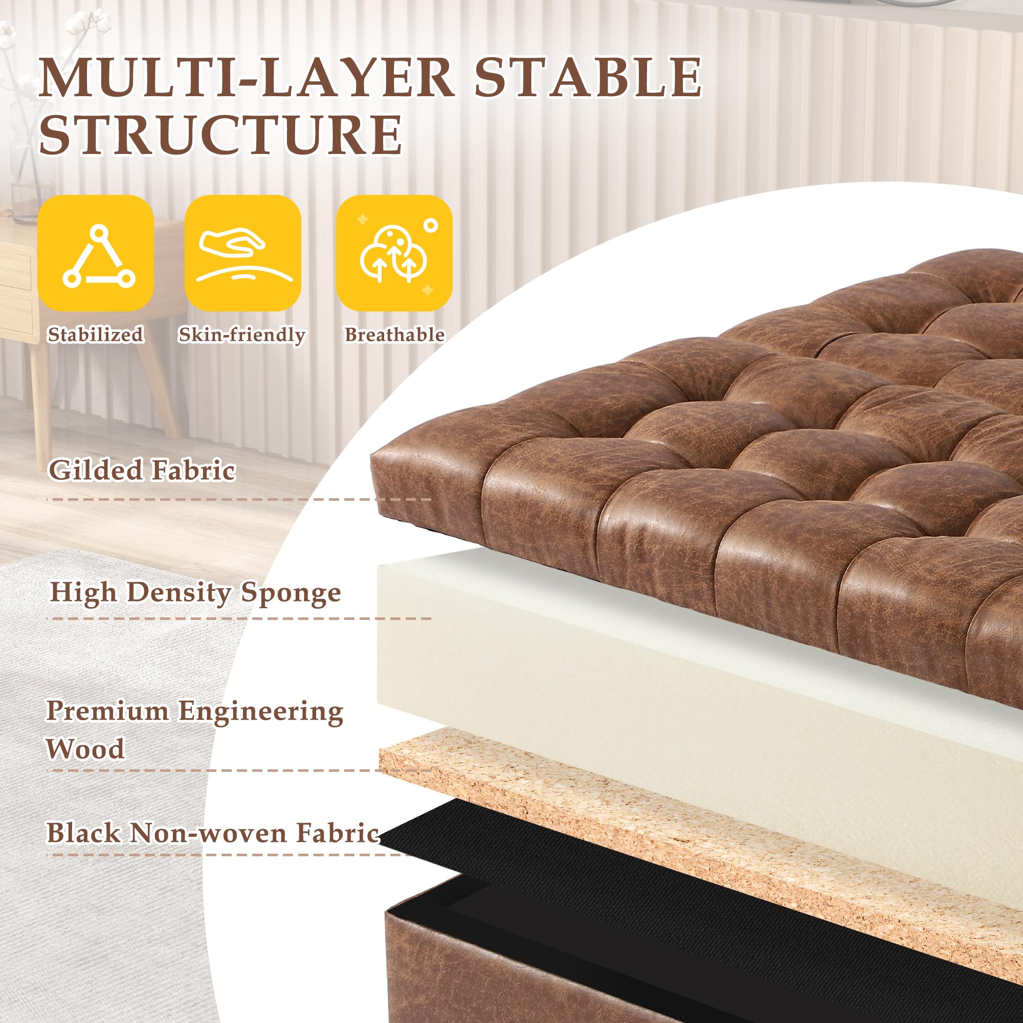 UTOASIS 36" Large Square Ottoman with Storage, Tufted Upholstered Storage Ottoman with Lift Top & Solid Legs for Bedroom Room, Extra Large Coffee Tables Bench for Living Room as Footstool (Brown)