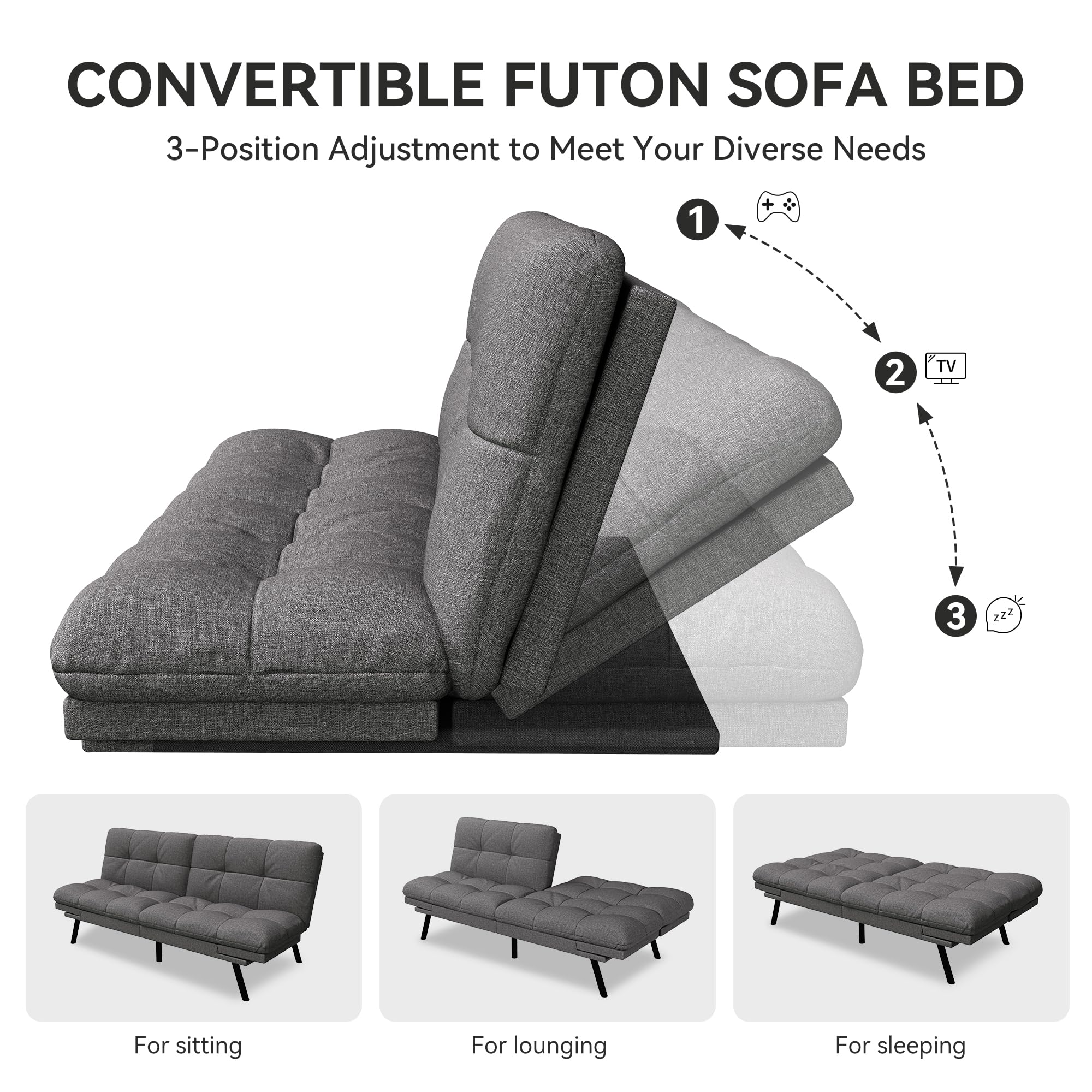 Convertible Futon Sofa Bed with Adjustable Backrest & Armrest