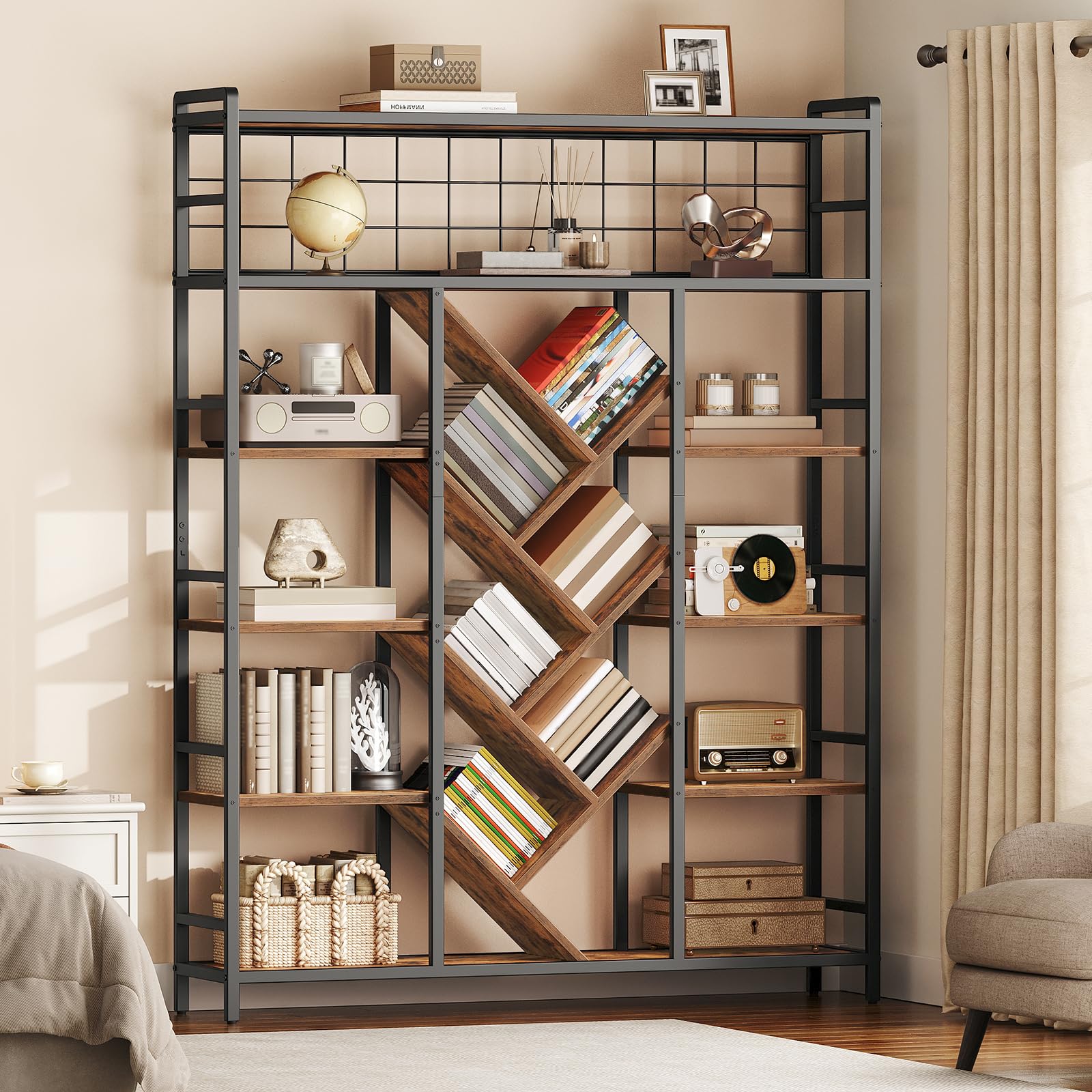 RALGEND Triple 6-Tier Bookshelf, Industrial Large Bookcase with 18 Open Display Shelves, Modern Tree Bookcase with Metal Frame and Hanging Function for Living Room, Home Office, Rustic Brown and Black