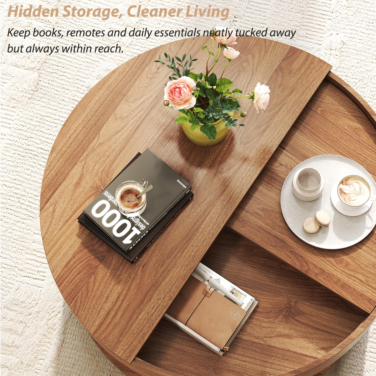 HSH Round Coffee Table, Modern Living Room Table with 2-Tier Storage, 360°Rotating Desktop, Removable Tray, Wood Circle Center Cocktail Table for Living Room, Bedroom, Office, Walnut, 30.63 Inch