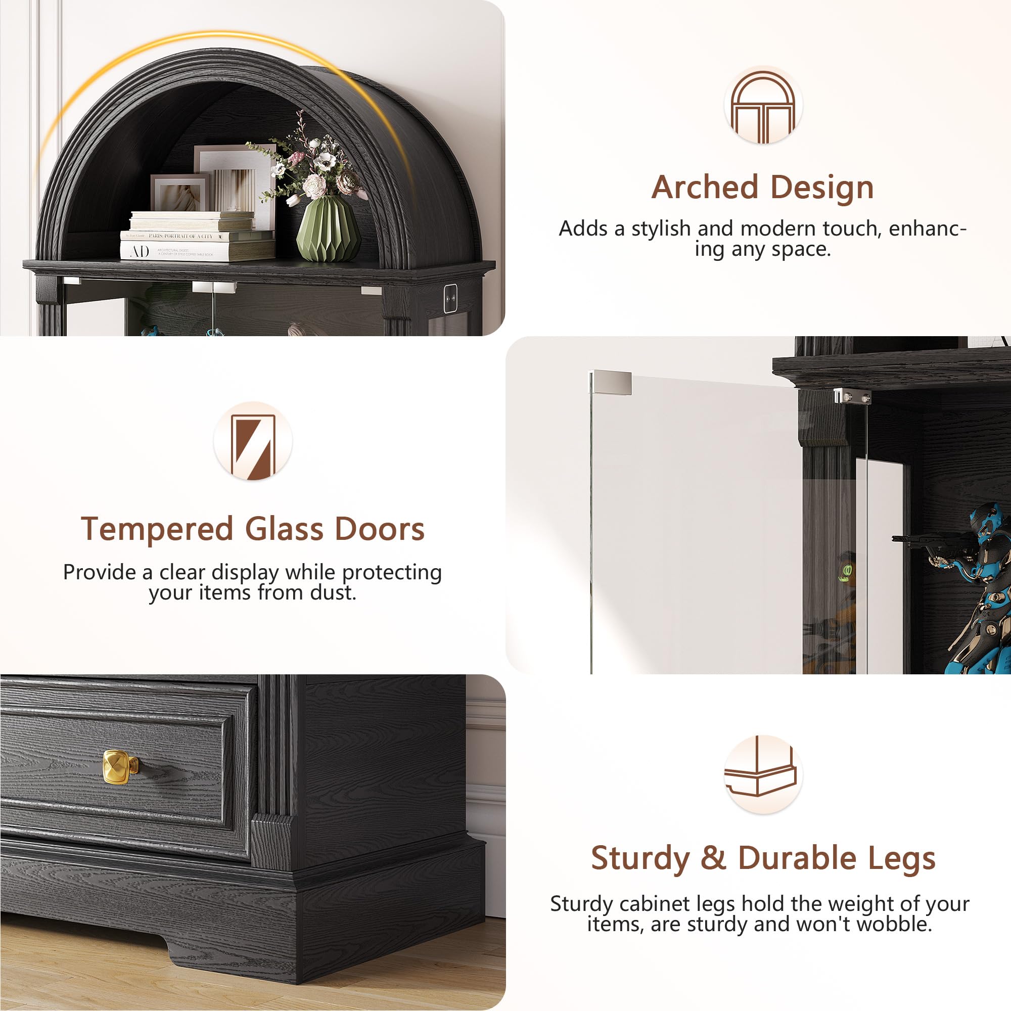 Arched Glass Display Cabinet with LED Motion Sensor Lighting