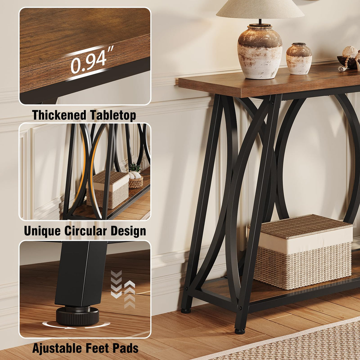 GiftGo 47.24" Entryway Console Table, Industrial Sofa Table Behind Couch with Shelves, 2 Tier Narrow Wood Accent Table with Metal Frame for Living Room, Entrance, Hallway, Foyer, Rustic Brown