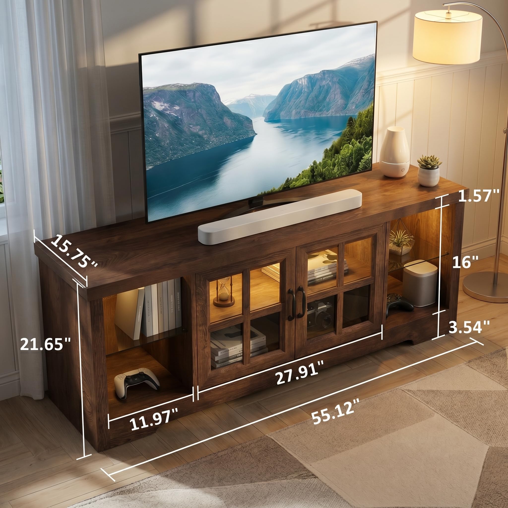 55" Farmhouse TV Stand for TVs up to 60", LED Entertainment Center with Power Outlet & Glass Cabinet, Wood Media Console Table with Adjustable Shelves for Living Room, Bedroom (Cracked Oak, 55 Inch)