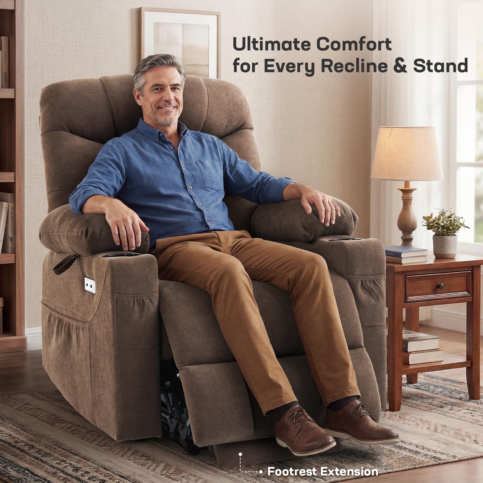 Tami Tami Dual Motor Power Lift Chair Recliner for Elderly with Massage and Heat, Infinite Position Electric Lift Recliner with USB A&C, Cup Holders (T6012 - Linen Fabric, Brown, Medium)