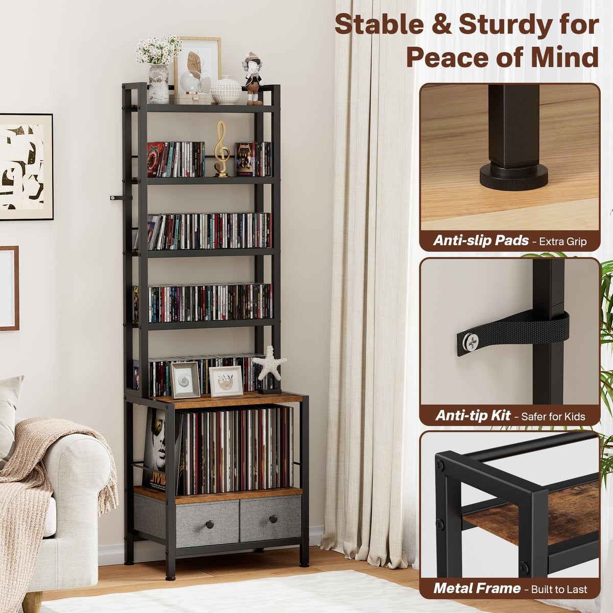 Epouseter 6-Tier DVD Shelf, Vinyl Record Storage Rack with Drawers
