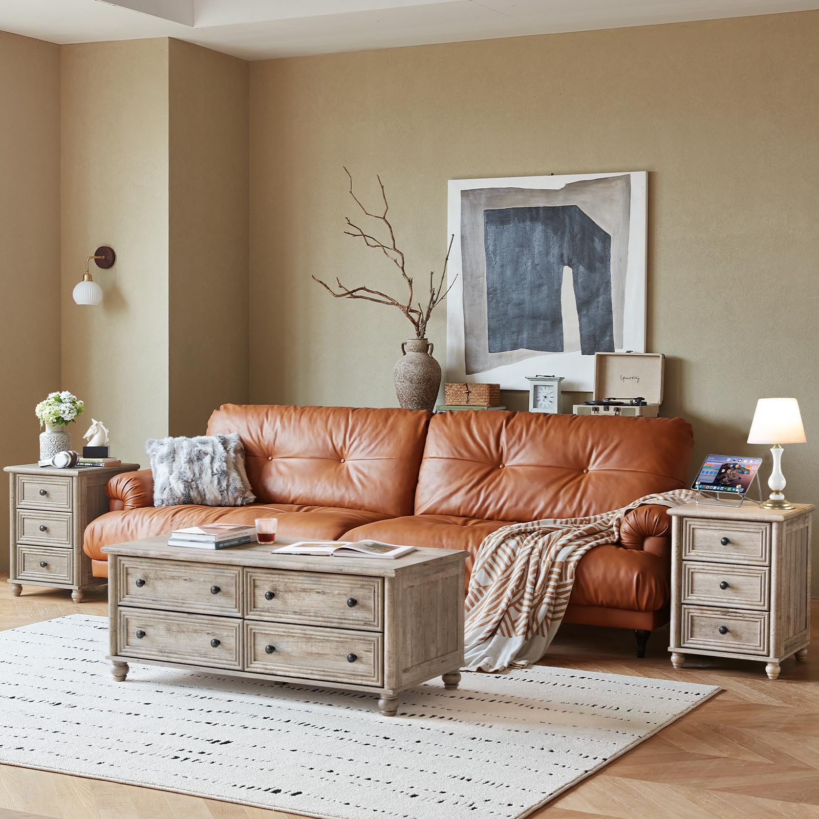 RWYHG Farmhouse Dresser and Nightstand Sets 4 Piece, Wooden 7 Drawers Dresser & 43.5" Tall Chest of Drawers, 18" Roman Column Nightstand Set of 2, Furniture Dressers for Bedroom, Living Room