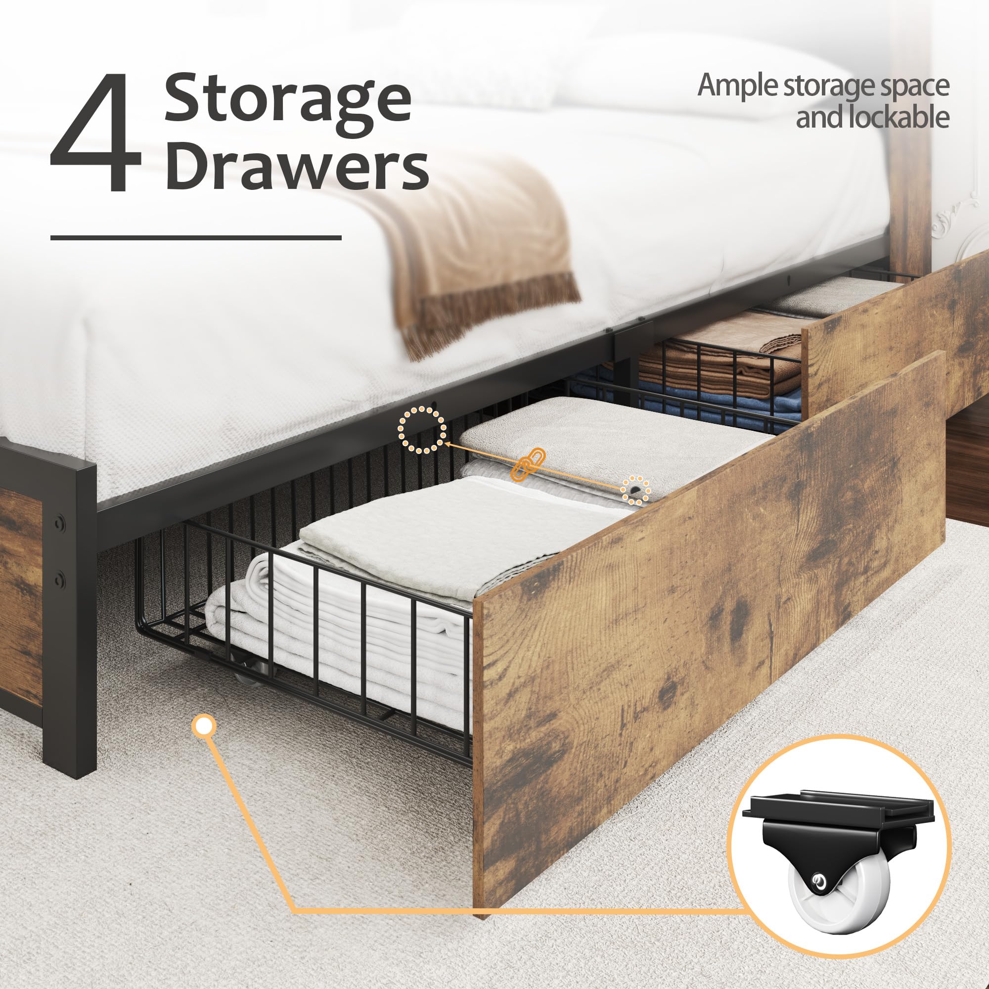 Storage Bed Frame with Bookcase Headboard, LED & Charging Station