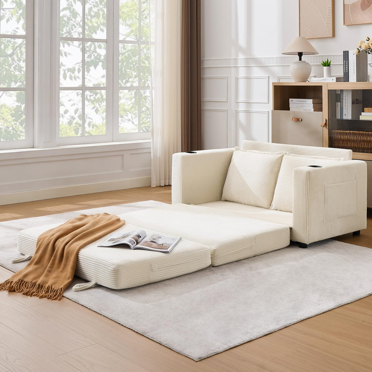 WODNITURE 55.6 in Convertible Sofa Bed, Corduroy Futon Couch, Beige