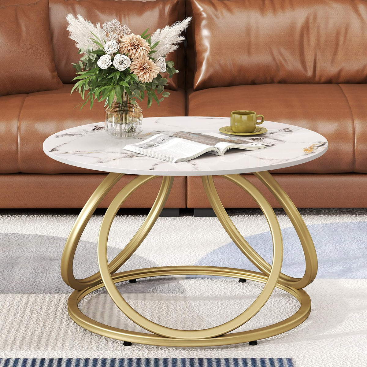 Round Gold Marble-Look Coffee Table