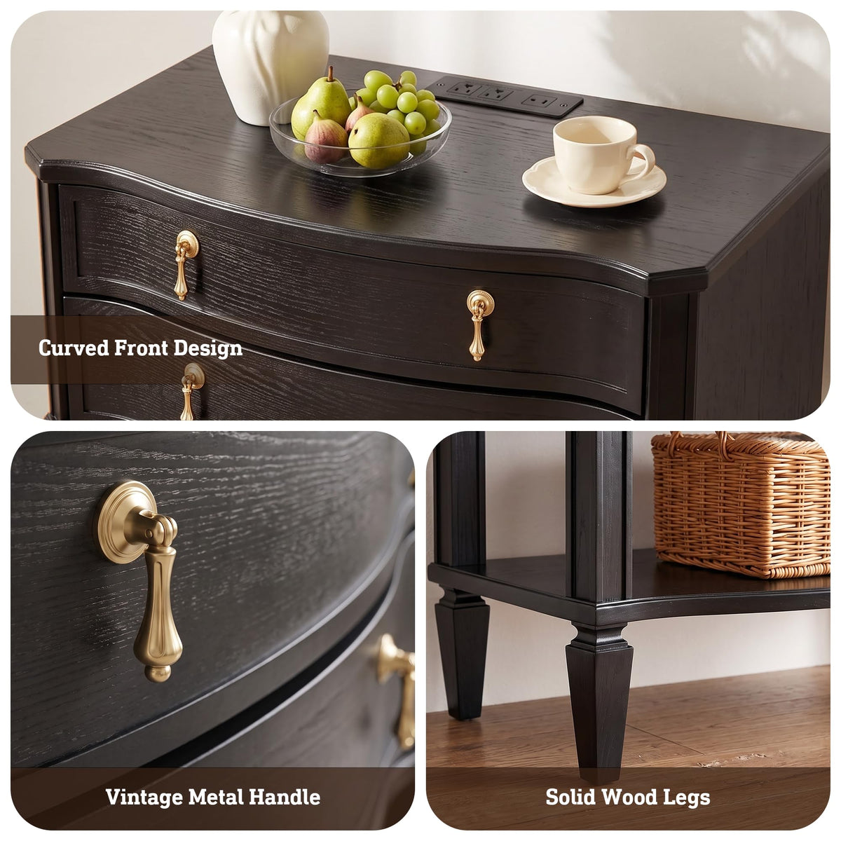27.5" Wide Extra Large with Nightstand Set of 2 Charging Station & Open Shelf, Pre-Assembled,Vintage Bedside Table w/2 Drawers, Curved Design, Farmhouse End Side Table with Solid Wood Legs for Bedroom