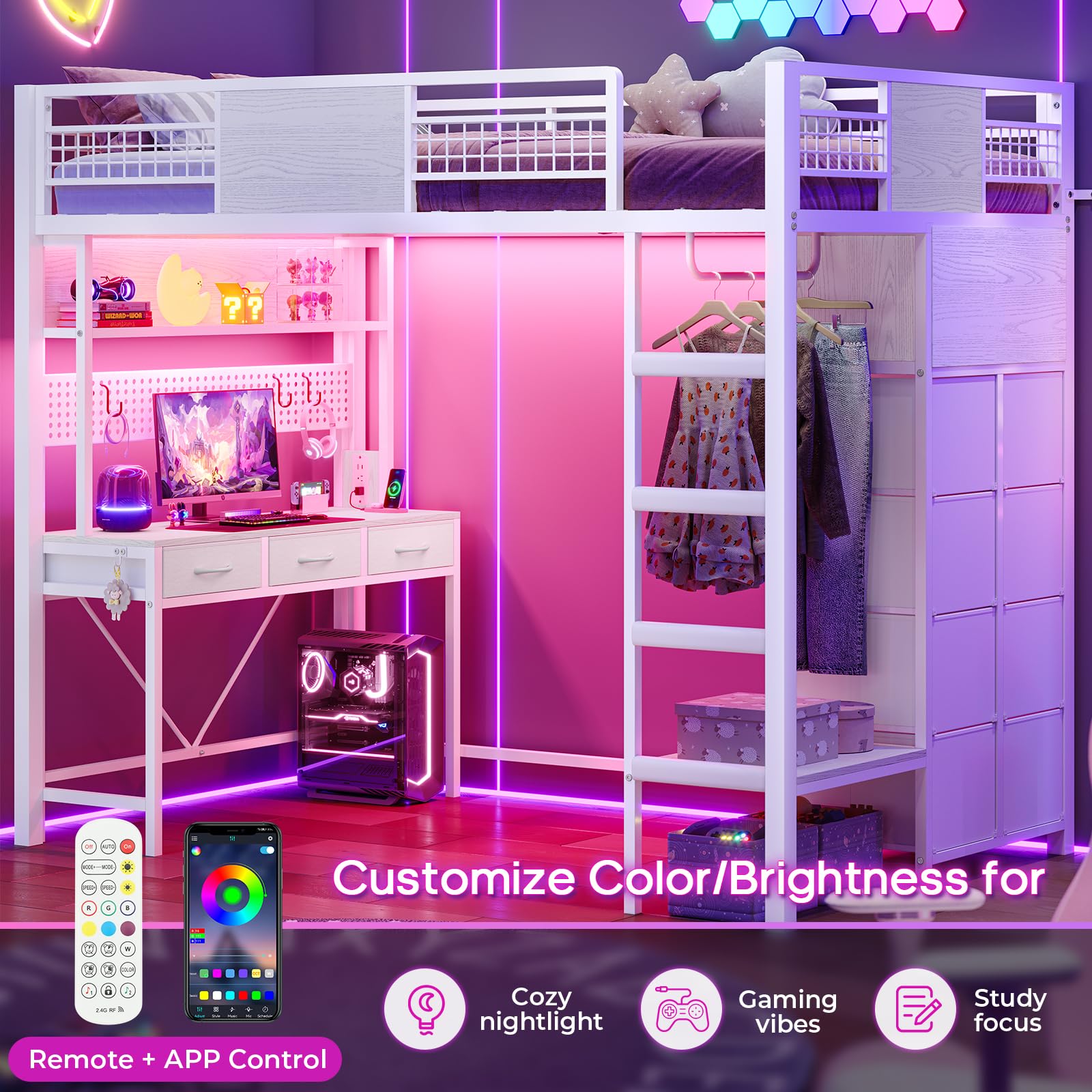 ADORNEVE Twin Size Loft Bed with Desk, 11 Storage Drawers & RGB LED Lights, Metal Loft Bed with Power Outlet, Shelves & Clothing Rack, 13.4" H Safety Guard & Paded Ladder, White
