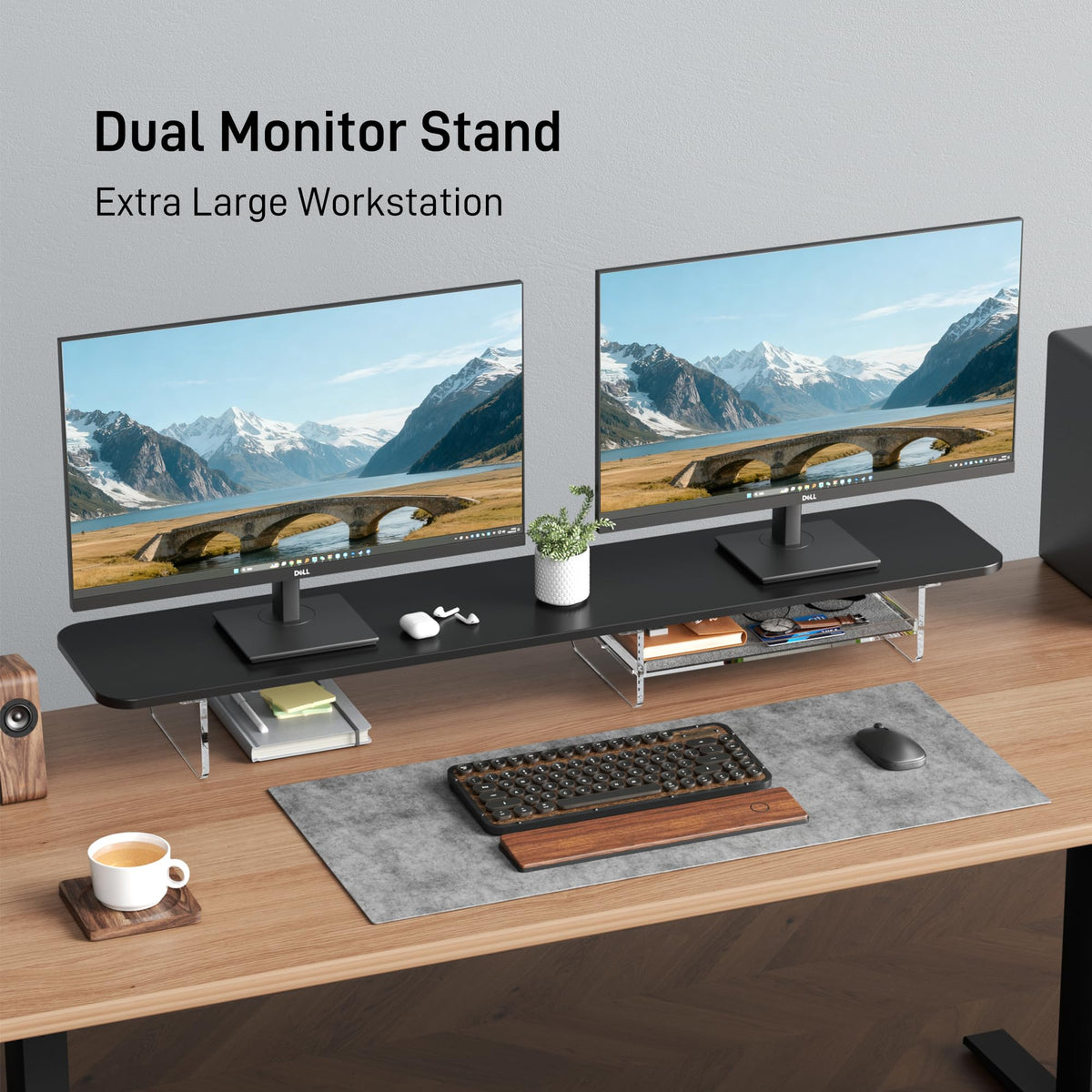 AFOOYO Large Dual Monitor Stand For Desk,43 Inch Desktop Computer Riser with Felt Drawer Acrylic Legs Desk Shelf Organizer For Computer/Laptop/PC/Printer/TV