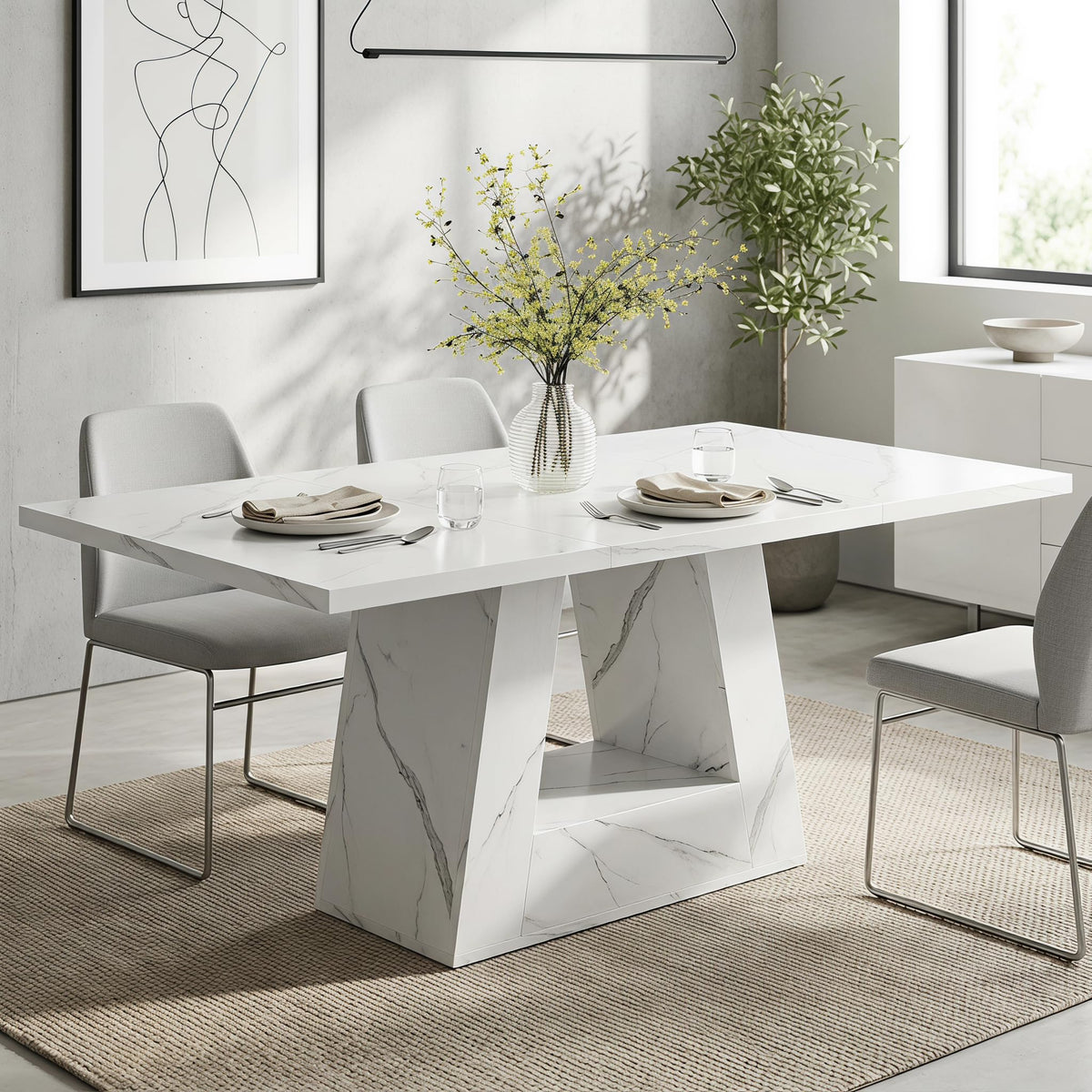 LITTLE TREE 63" Modern Faux Marble Dining Table for 6, Rectangle, White