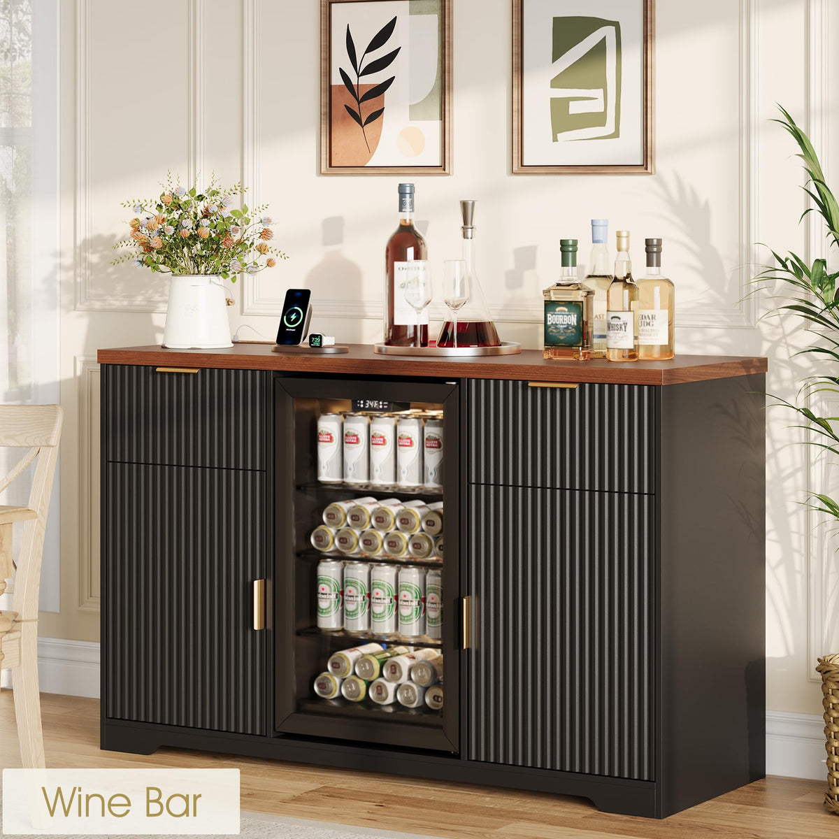 Alohappy 55" Coffee Bar Cabinet with Charging Station & Fridge Space