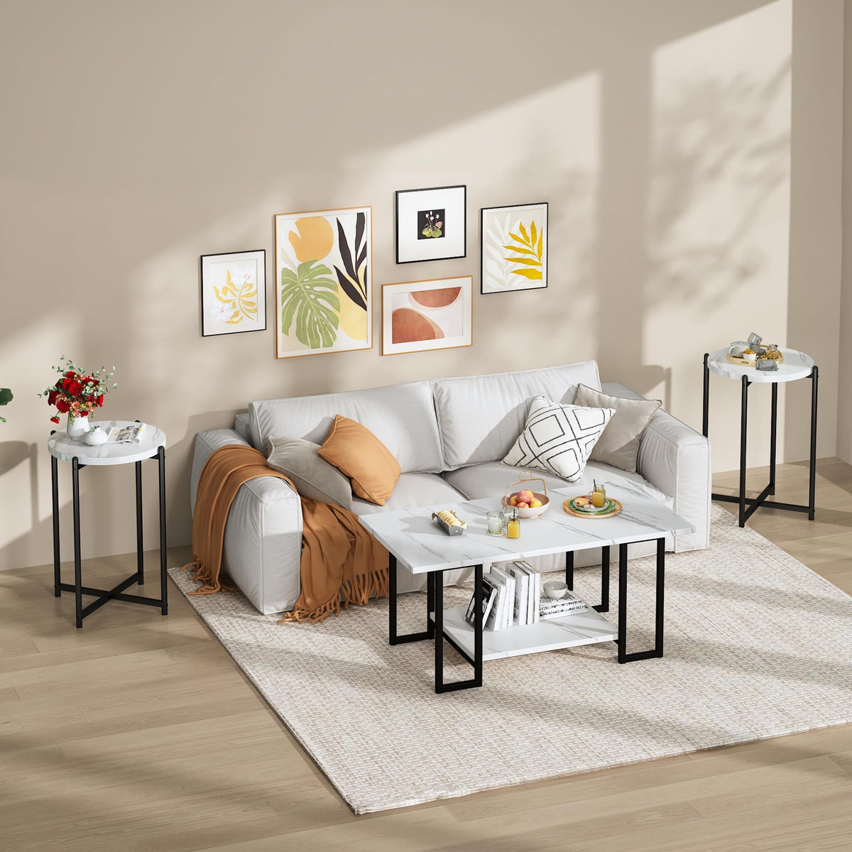 Coffee Table Set Of 3, Marble Tabletop,Coffee Tables For Living Room,Office
