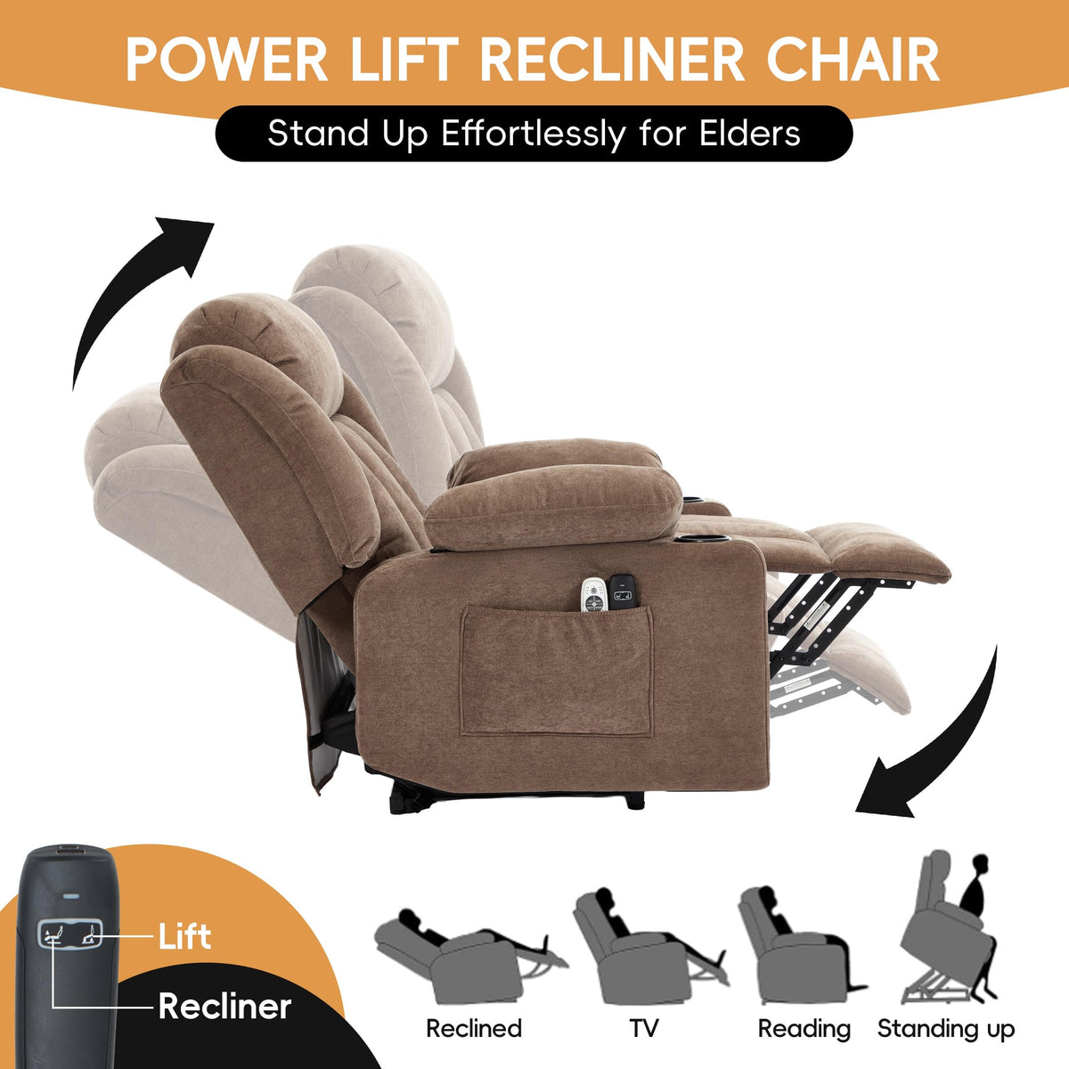 Sftaiyou Power Lift Recliner for Elderly,Electric Recliner Chair with Massage & Heating for Adults, USB Charging, Cup Holders, Side Pocket, Living Room Sofa L1288 (Brown)