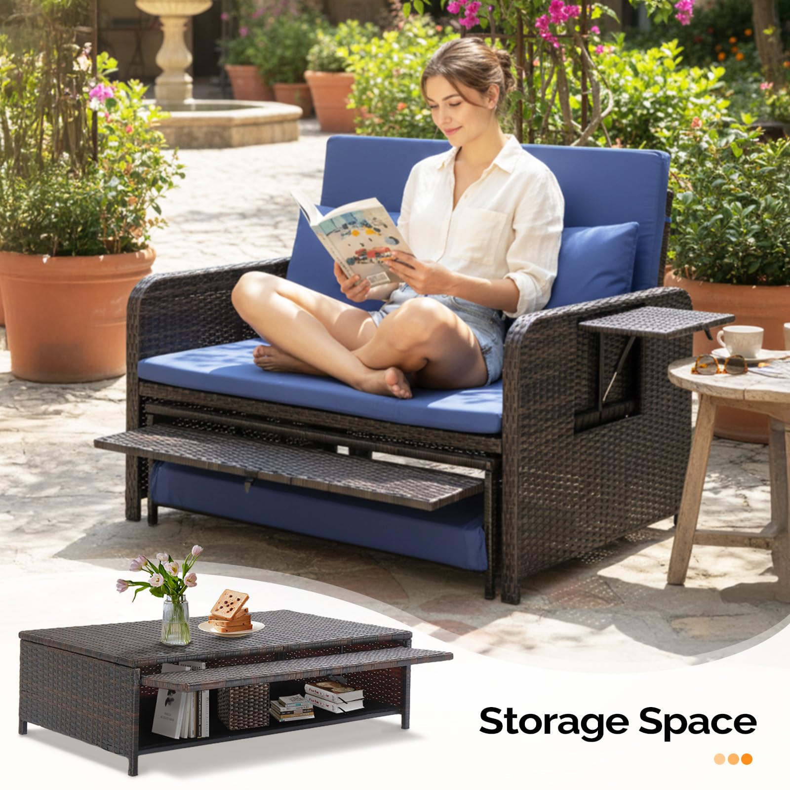 Convertible Patio Daybed with Storage Ottoman