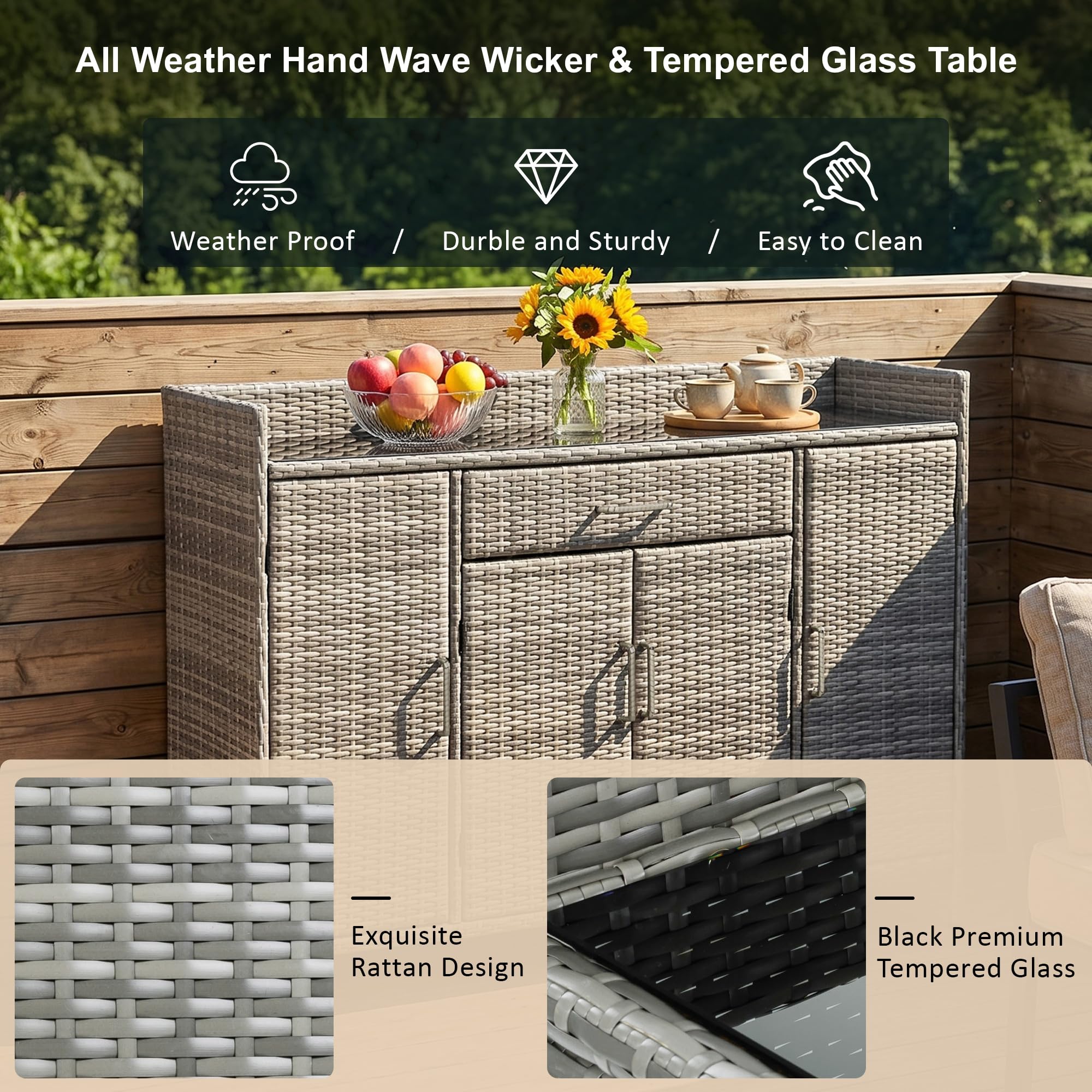 Merax 53.2" Patio Wicker Storage Cabinet, Outdoor Waterproof Patio Bar Table with Drawer and Shelves, Wicker Buffet Cabinet Sideboard for Poolside and Backyard, Gray