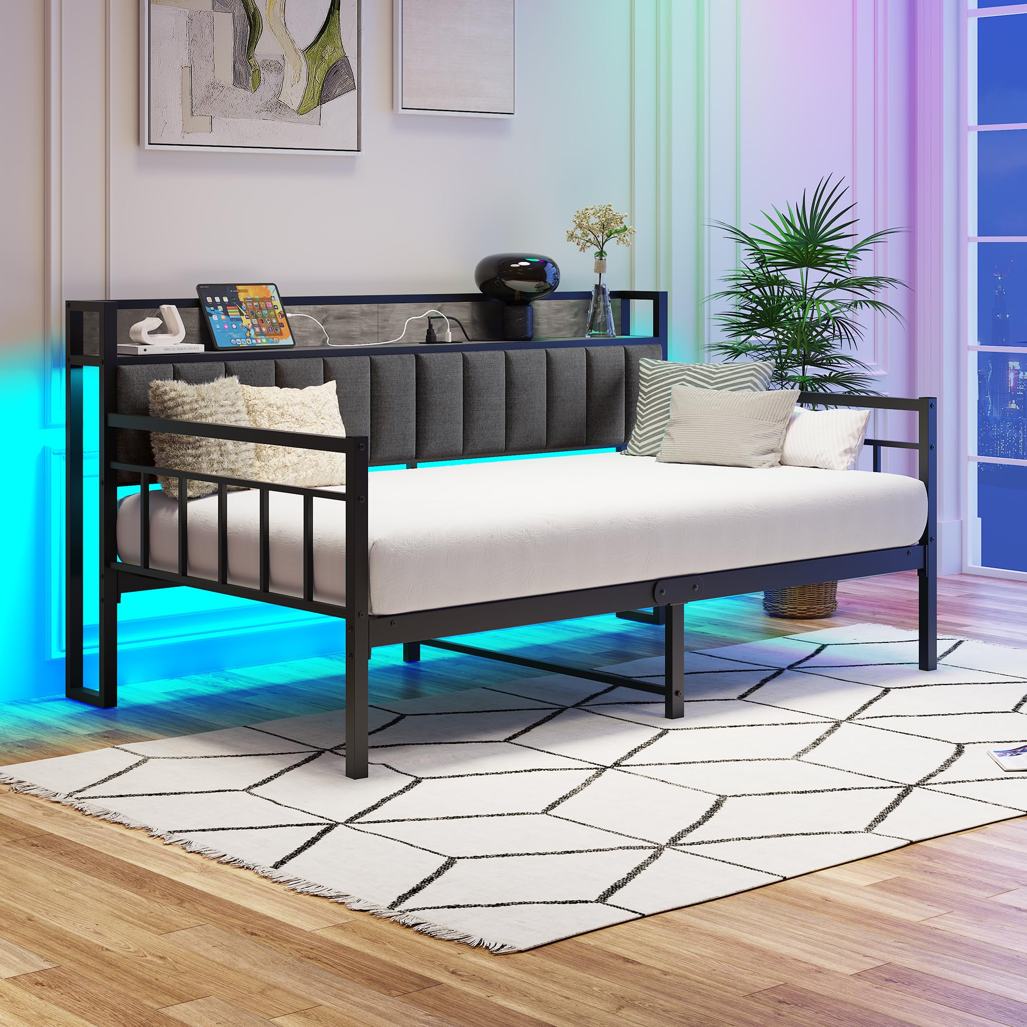 BOFENG Metal Daybed Frame Twin Size with Charging Station,LED Light,Metal Twin Bed Frame with Upholstered Headboard with Strong Steel Slats for Living Room,Bedroom and Guest Room