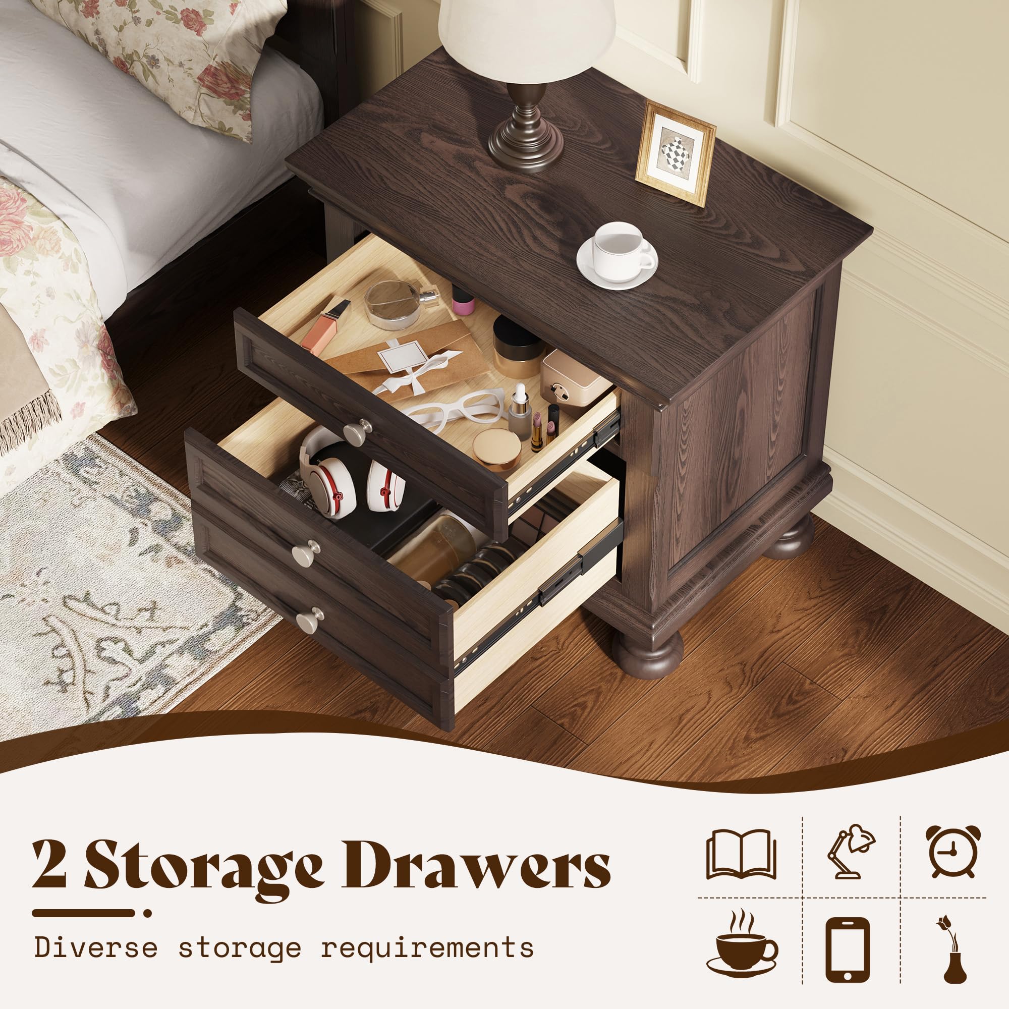 Solid Wood 3-Piece Bedroom Set with High Bed Frame & Nightstands – Dark Brown