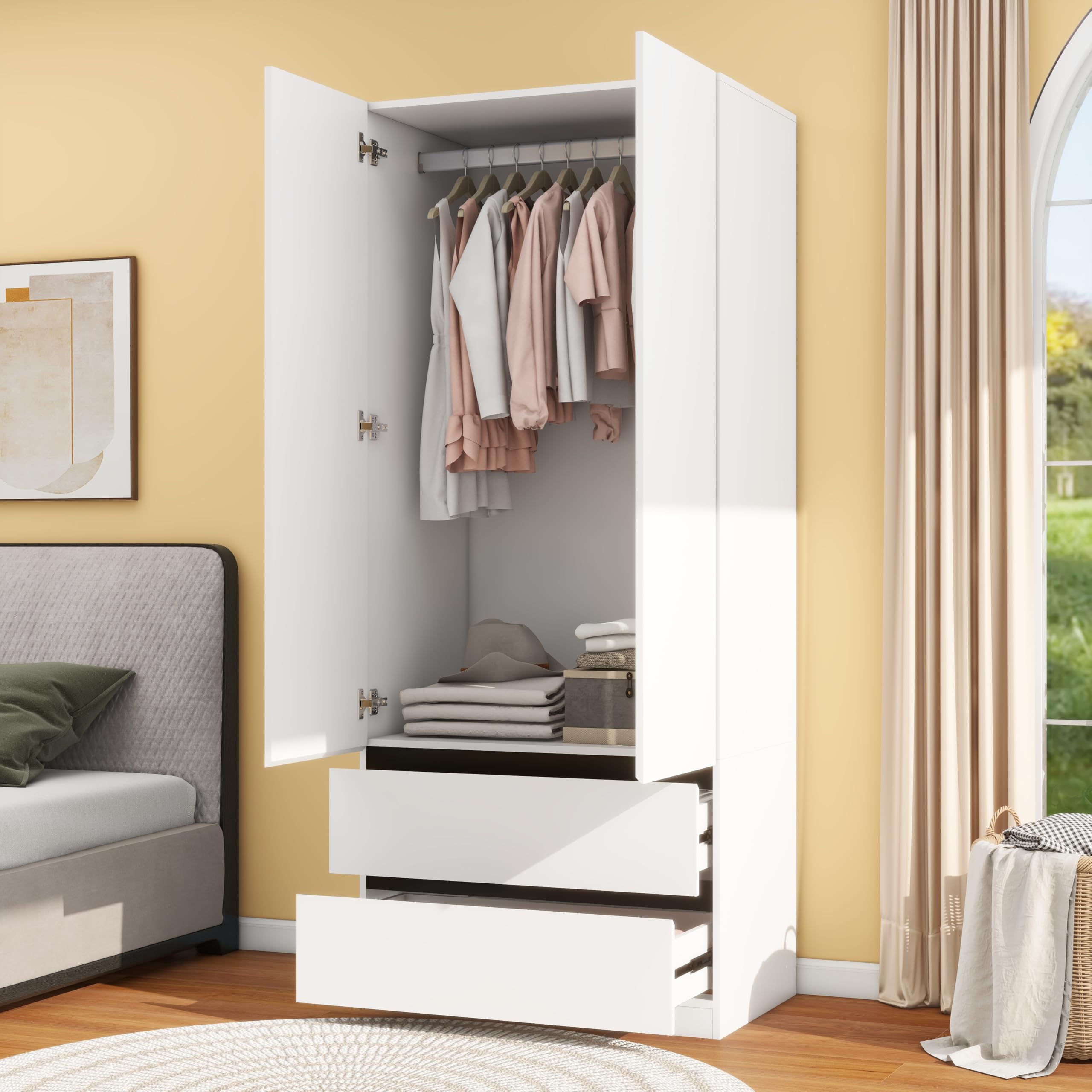 White Wardrobe Closet with 2 Doors & Drawers