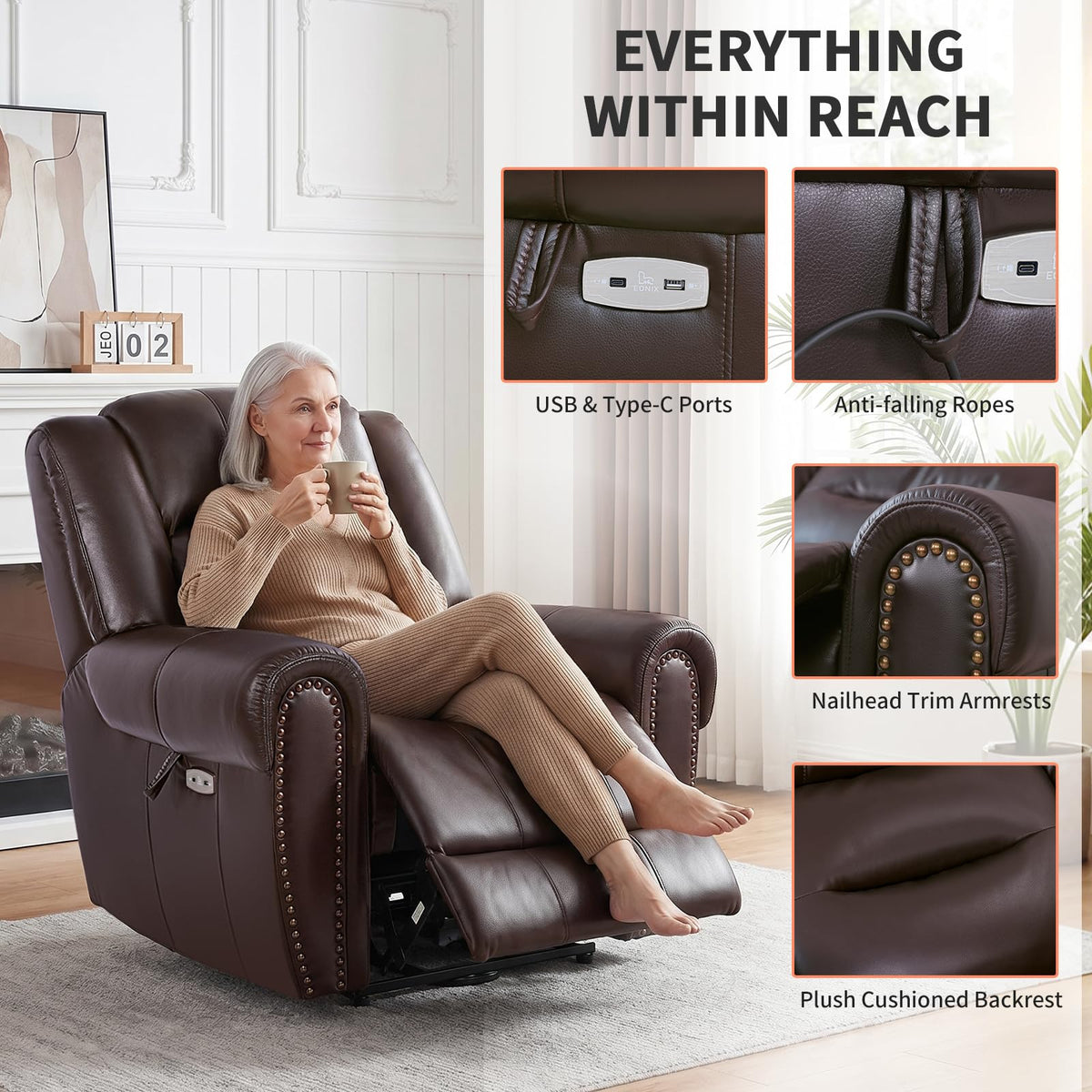 EONIX Retro Dual Motor Lay Flat Power Lift Recliner Chair for Elderly 5'5''