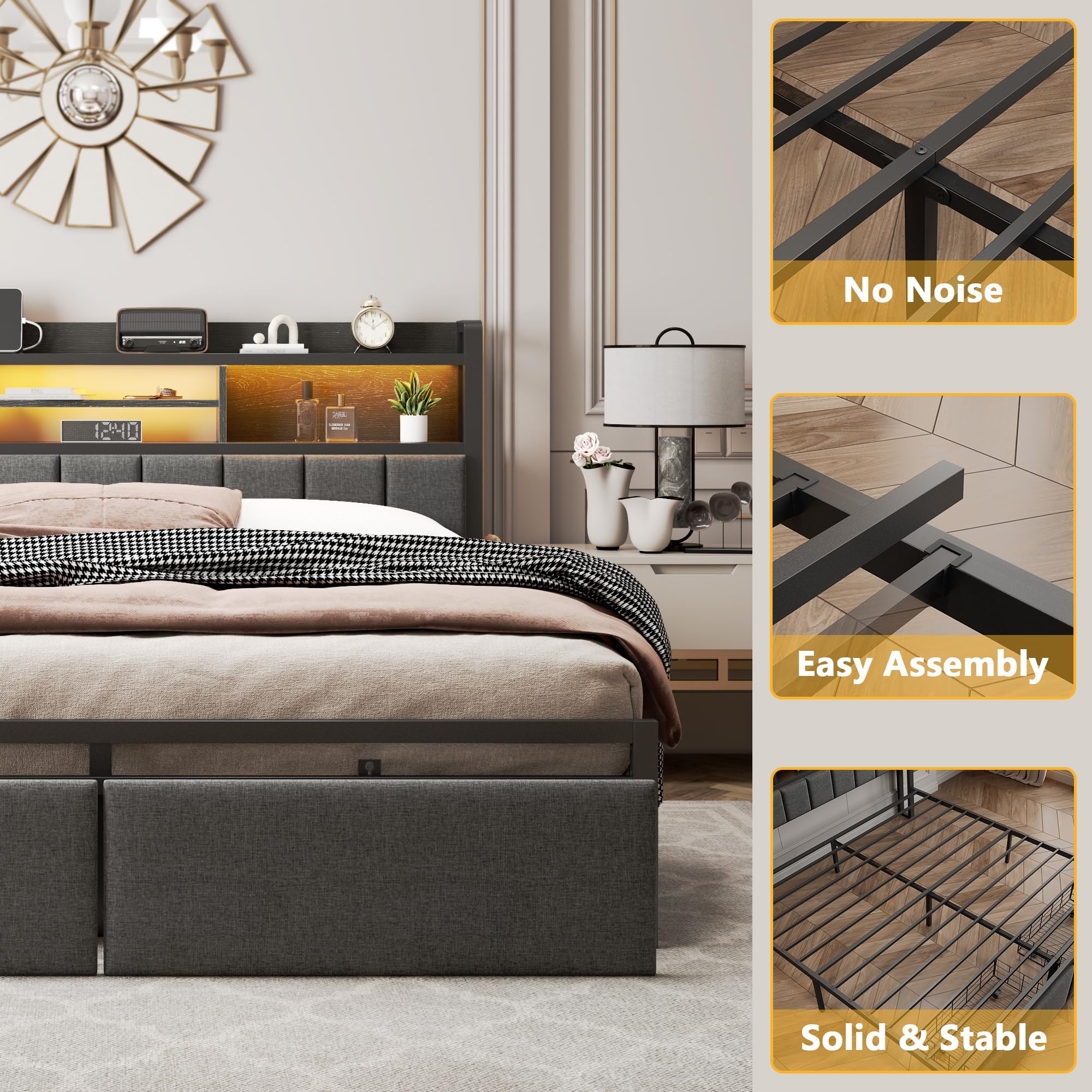 Upholstered Platform Bed Frame with Storage Drawers, LED Lights & Charging Station