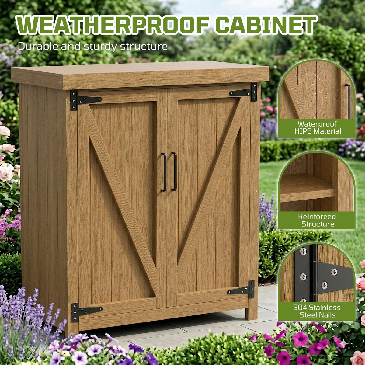 Weatherproof Outdoor Storage Cabinet, HIPS Waterproof Cabinet, Teak